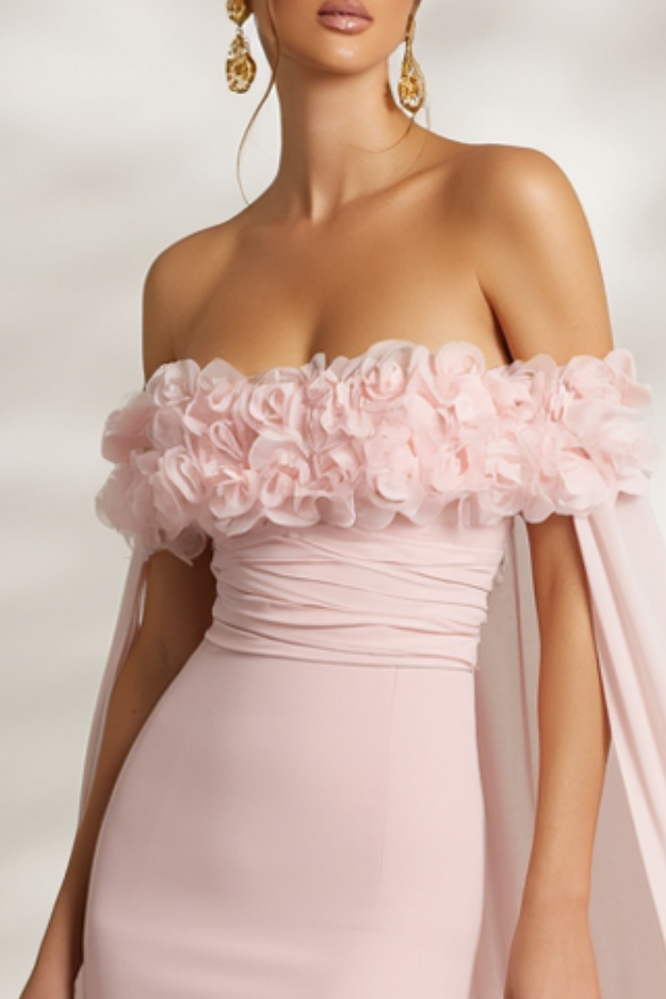 Wedding Dress Pink Off Shoulder Floral Cape Maxi Dress
