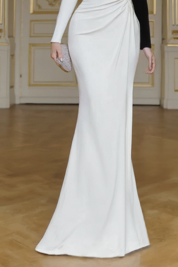 Formal ​Evening Dress Black White V Neck Maxi Long Sleeve Dress