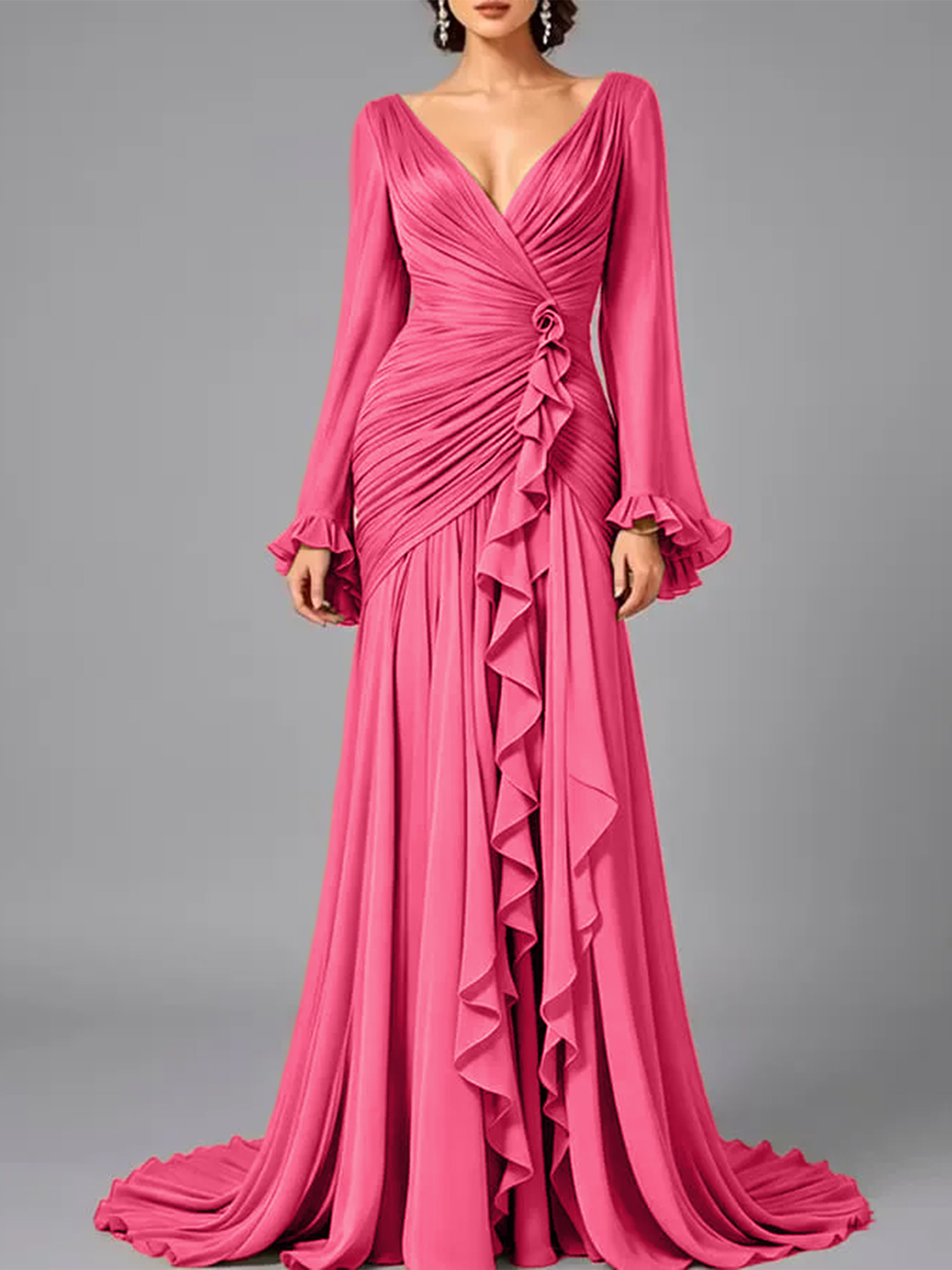 V-Neck Sheer Long Sleeve Ruffled Chiffon Dress