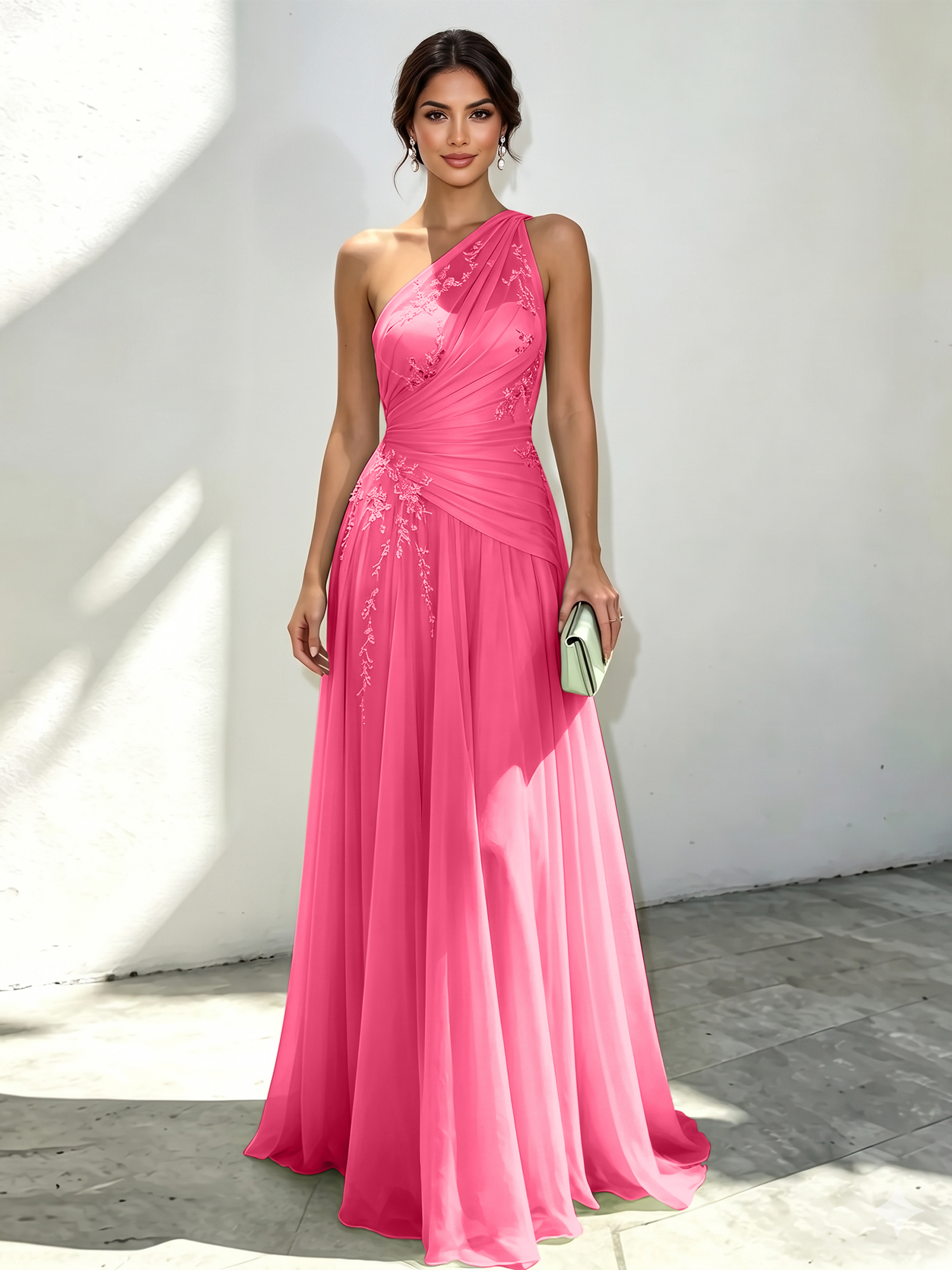 Mint Green Applique 3D Floral Chiffon One Shoulder Sleeveless A-Line Floor Length Dress