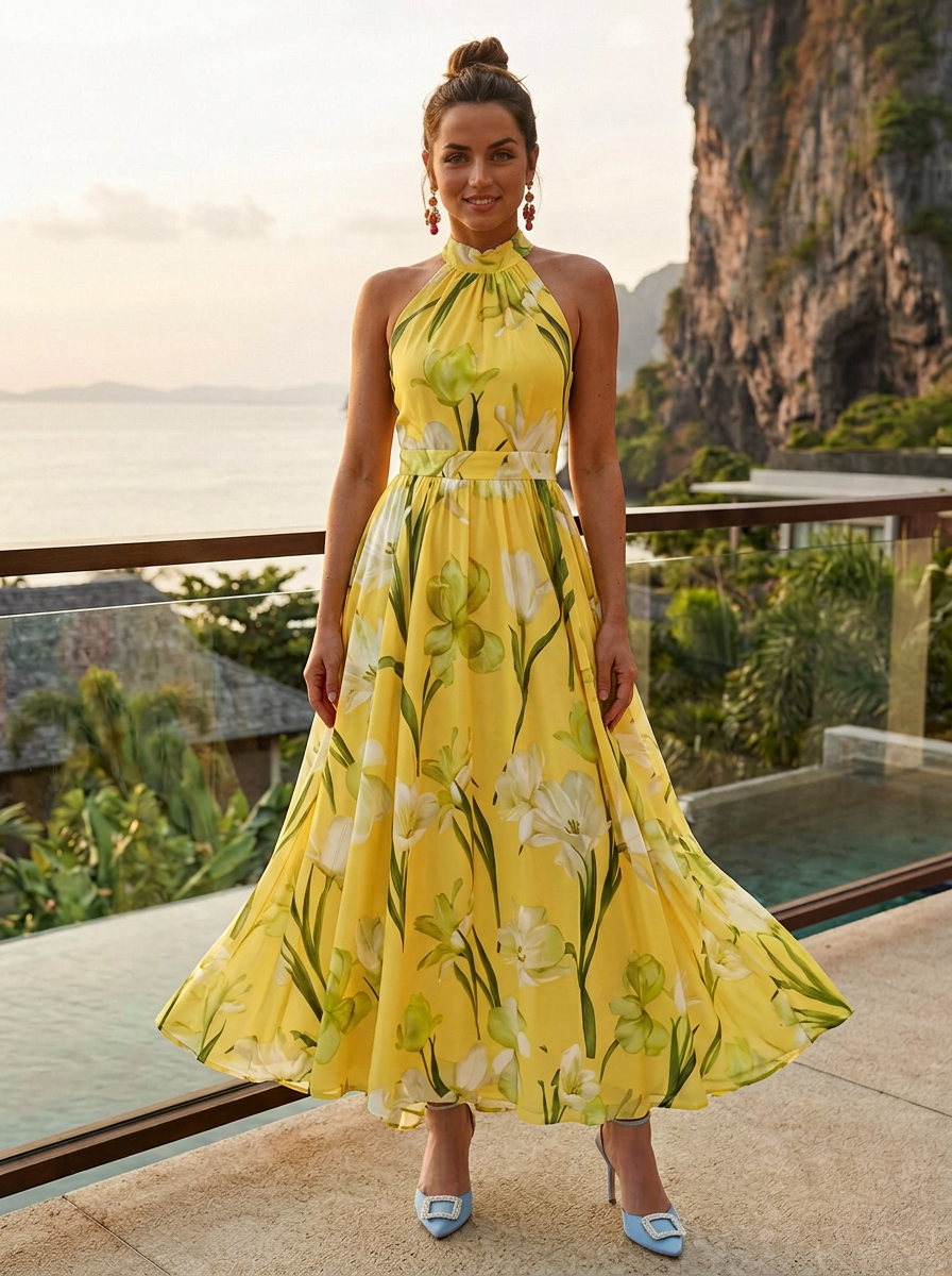 Bright Yellow Base White & Green Tulip Halter Waisted Maxi Dress