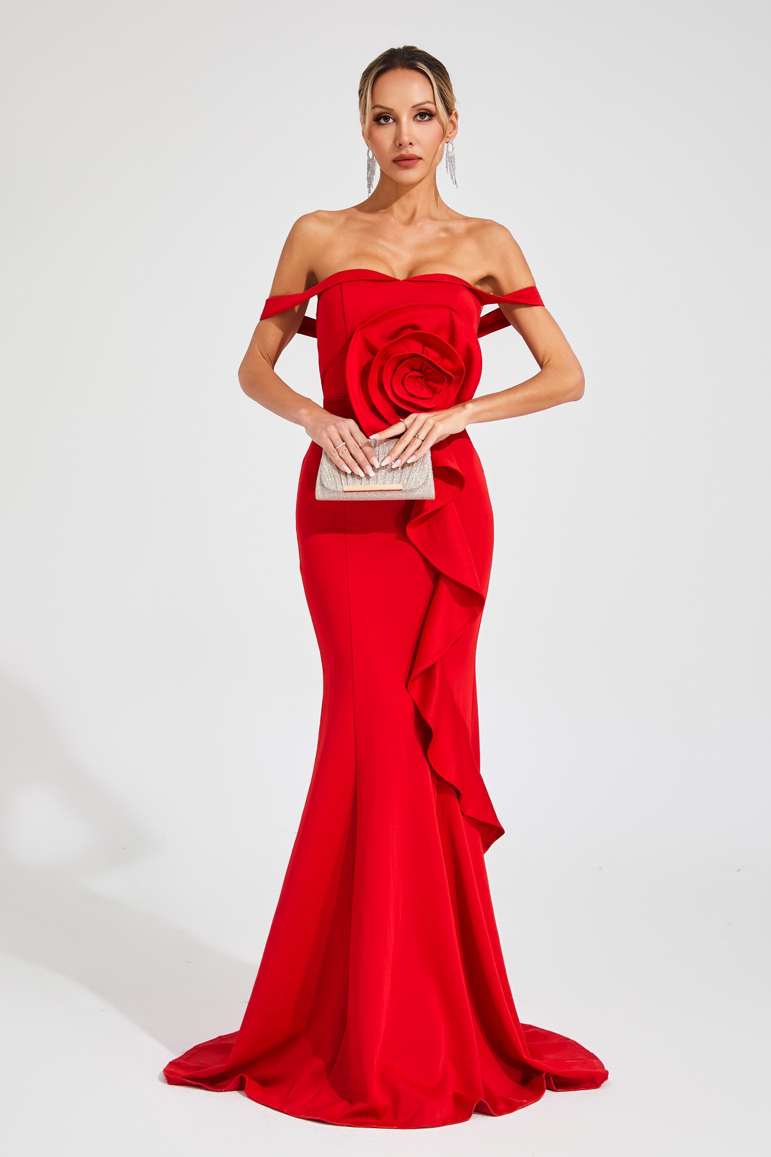 Red Off-the-shoulder Mermaid Gown with Flower Detail