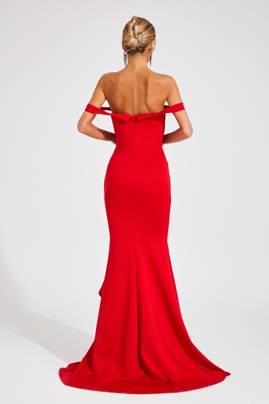 Red Off-the-shoulder Mermaid Gown with Flower Detail