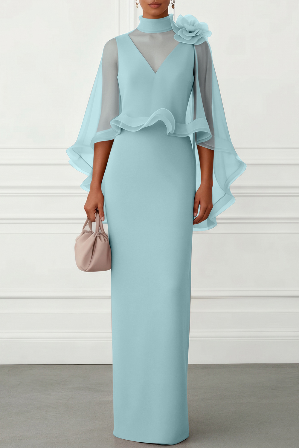 Nudepink 3D Floral Mesh Classic Mock Neck Half Sleeve Sheath Floor-length Gown Dress