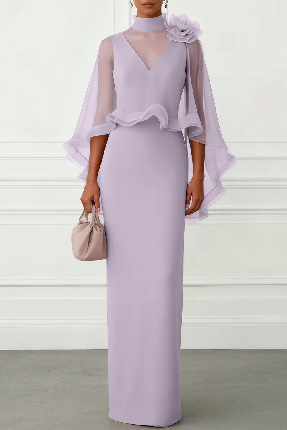 Nudepink 3D Floral Mesh Classic Mock Neck Half Sleeve Sheath Floor-length Gown Dress