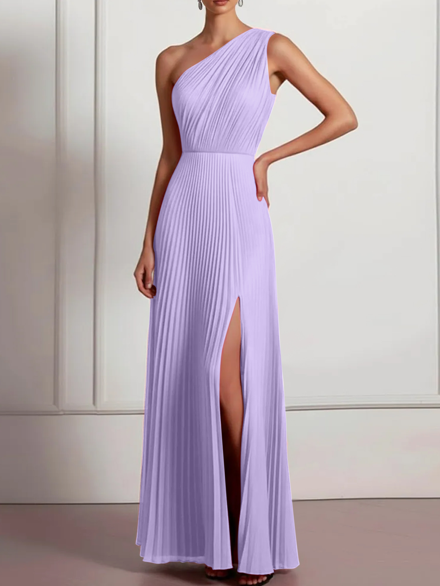 Blush Formal Party Dress One Shoulder Pleated Maxi Dress with Slit