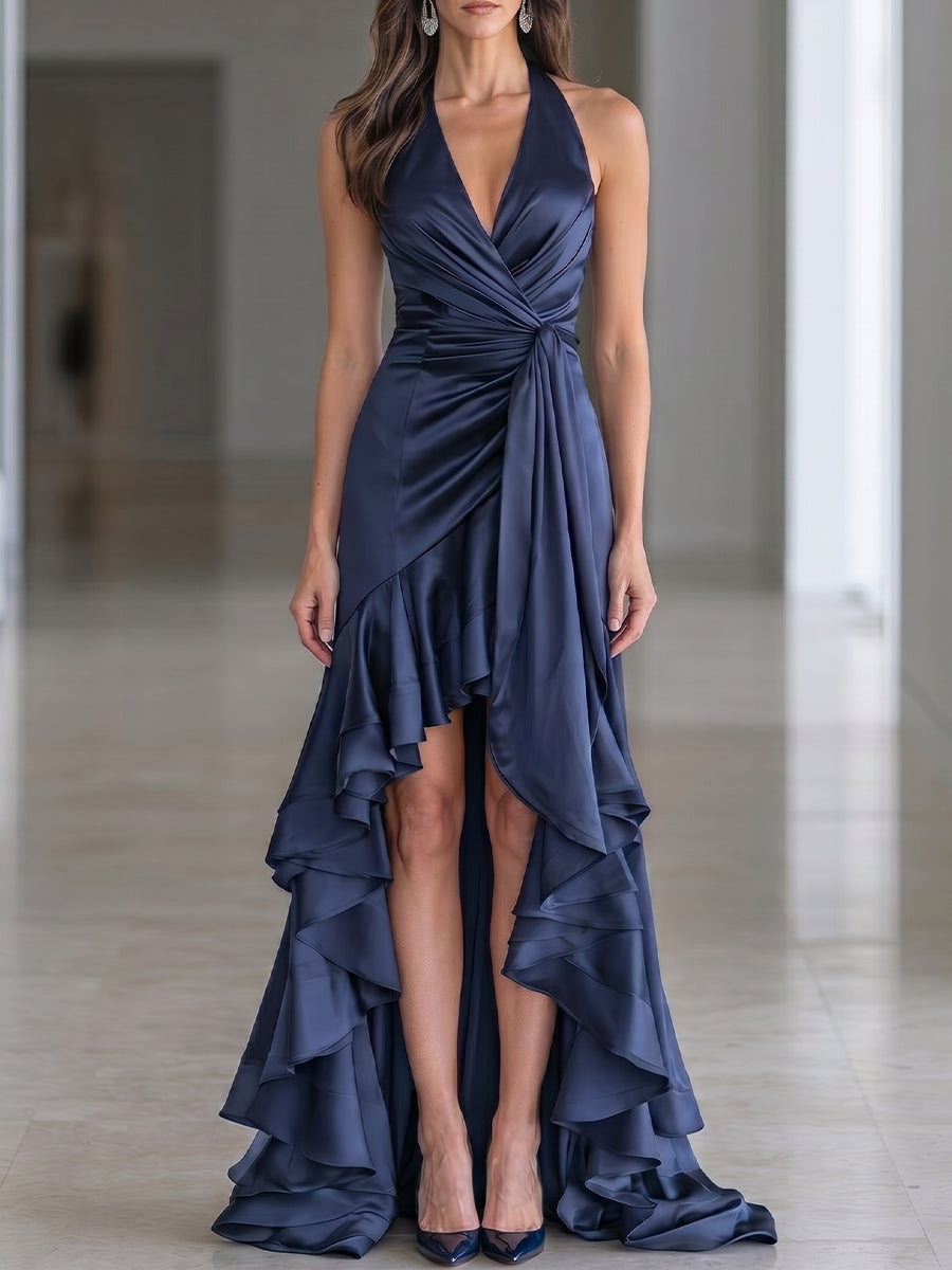 Halter Neck Ruched Satin High-Low Ruffle Gown
