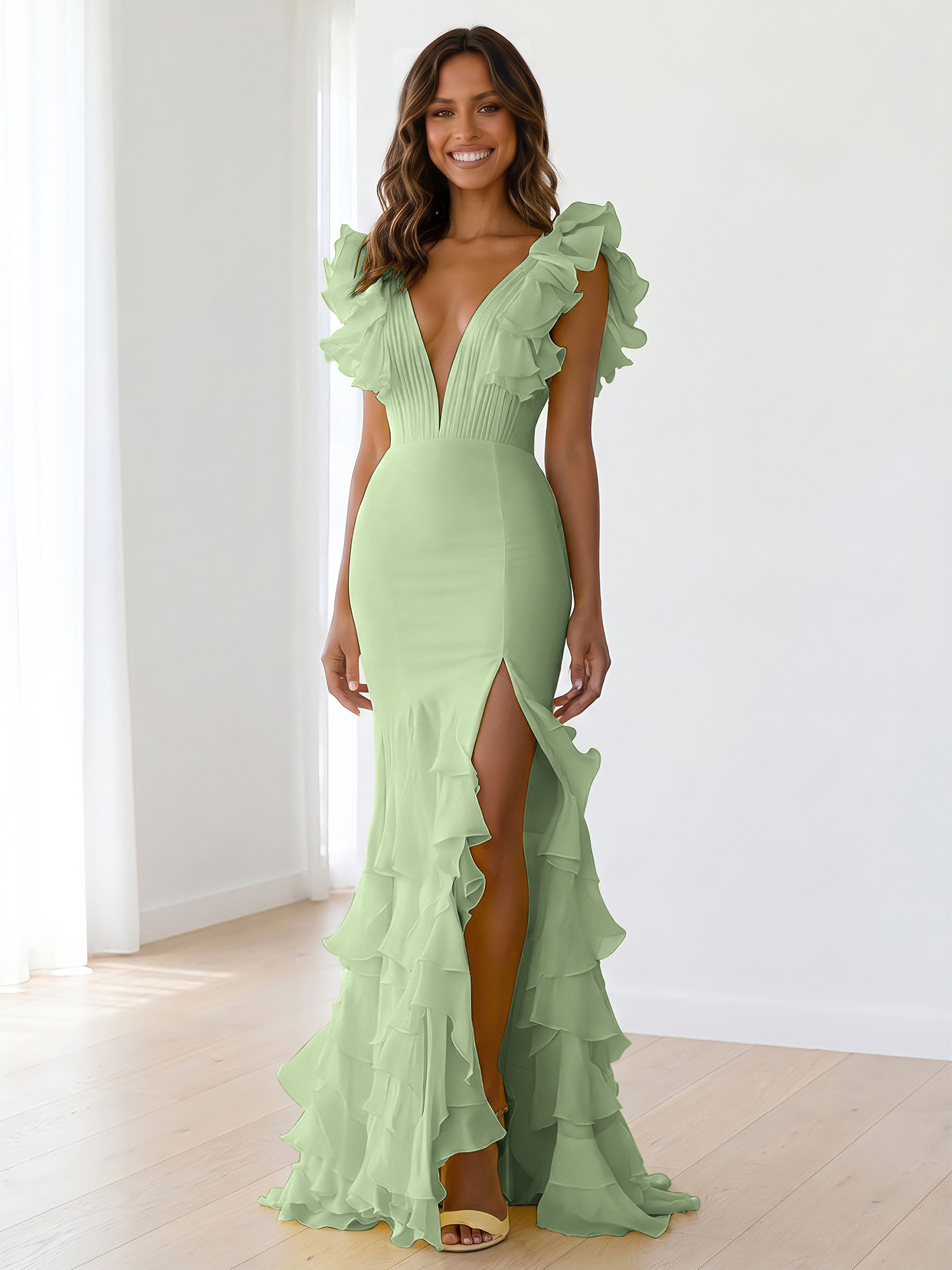 Yellow Chiffon V Neck Mermaid Ruffled Maxi Formal Dress with Slit