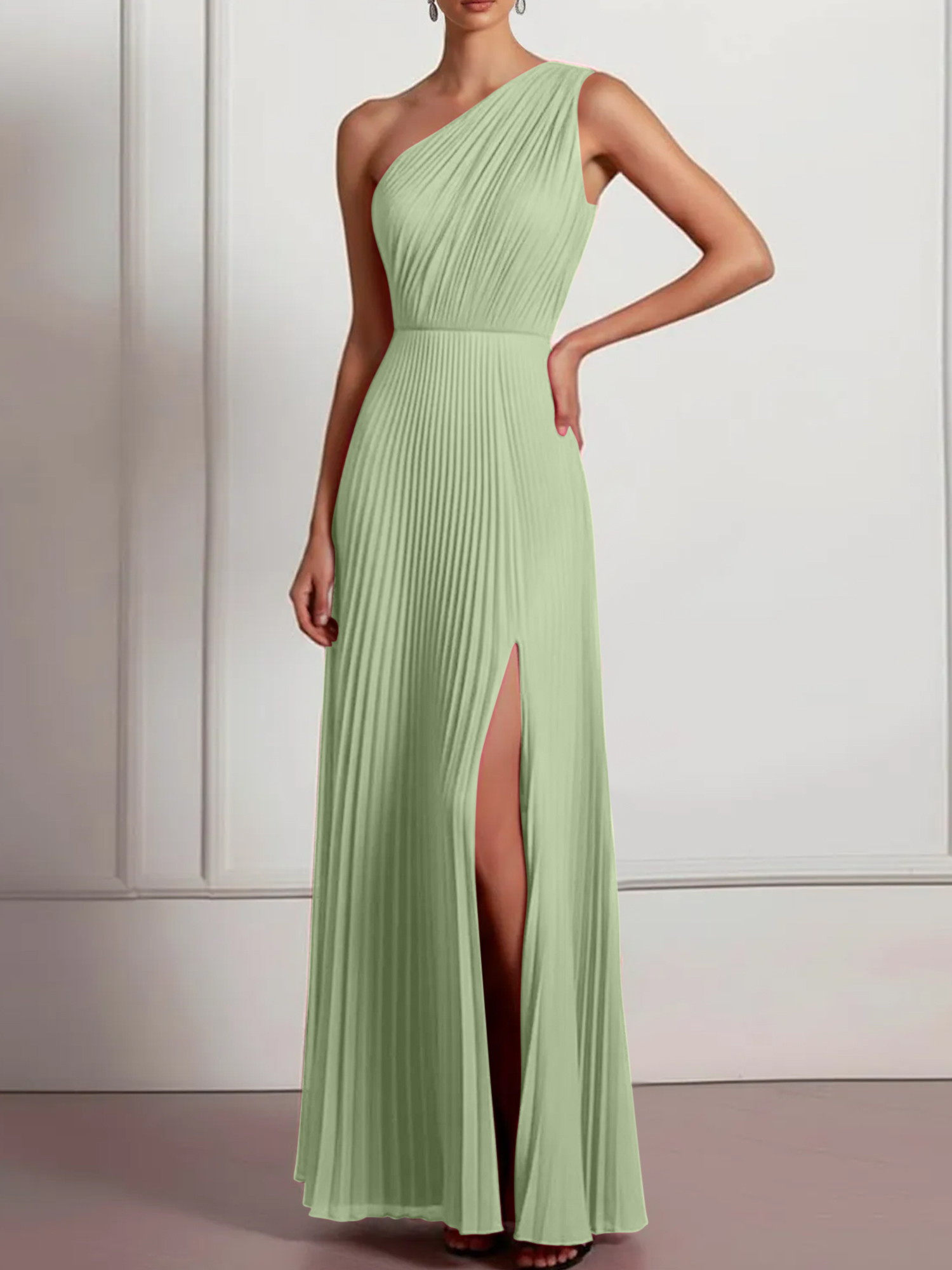 Blush Formal Party Dress One Shoulder Pleated Maxi Dress with Slit