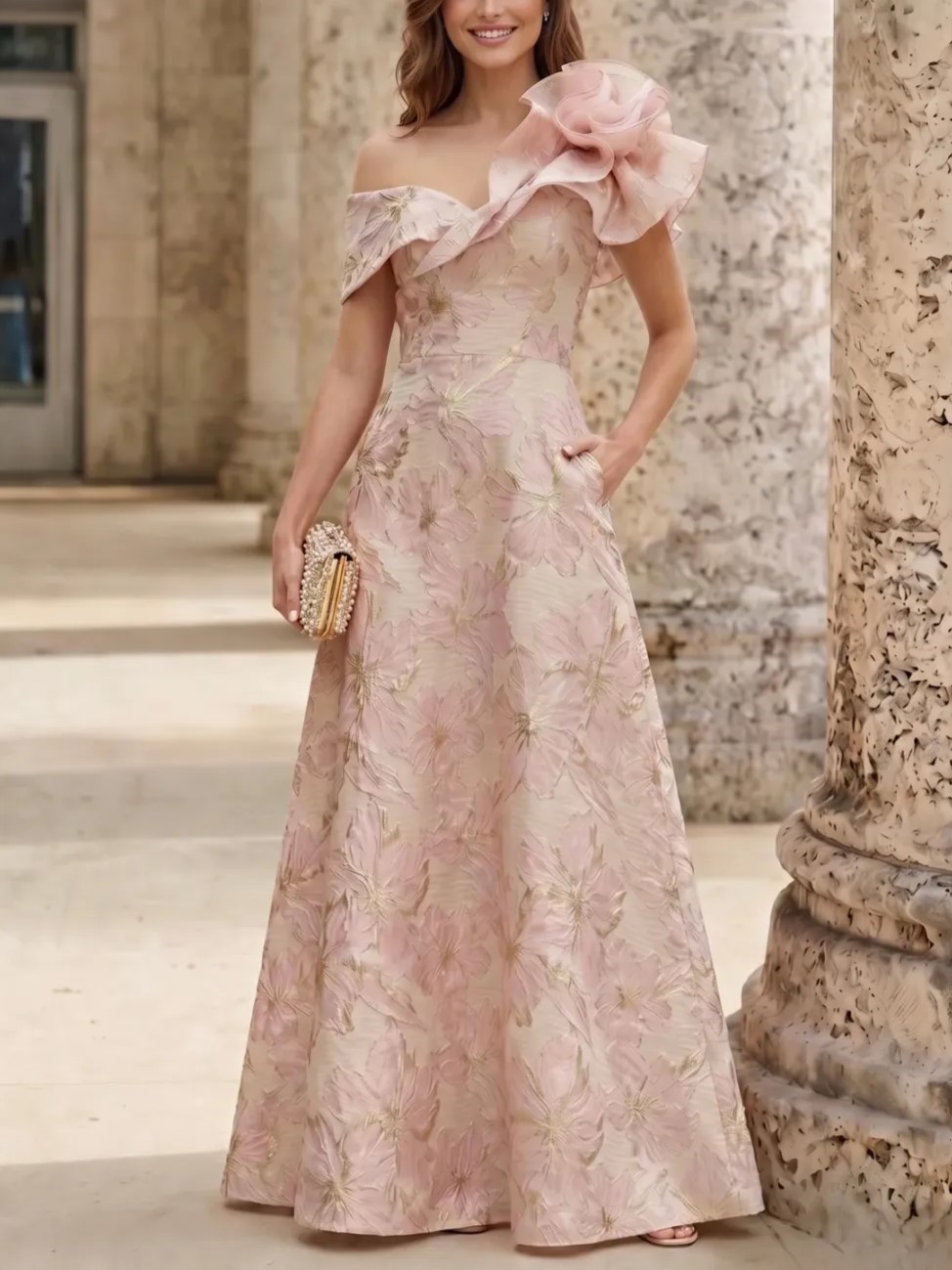 A-Line Evening Gown Elegant Jacquard Floral Dress Floor Length With Shoulder Flower