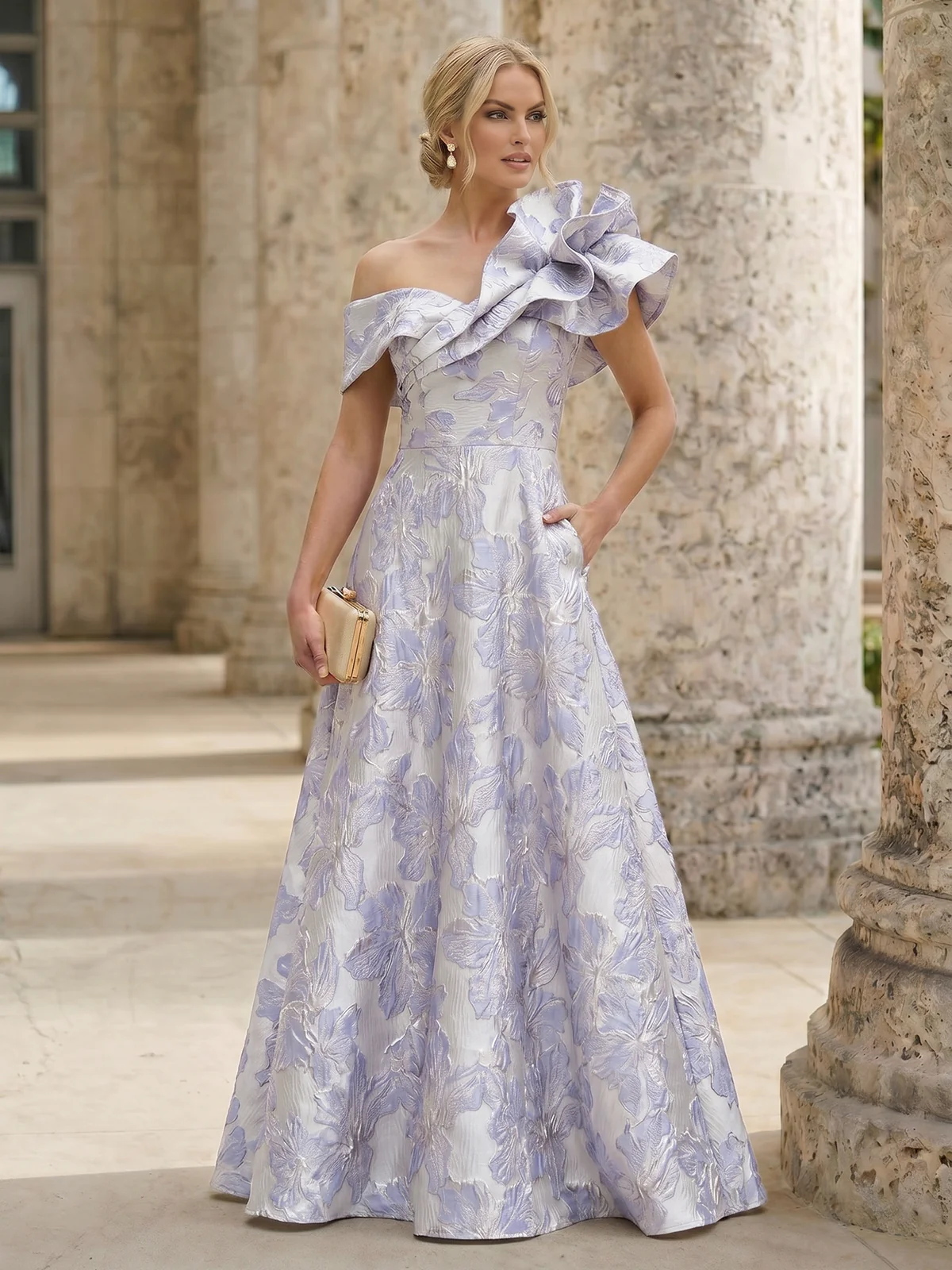 A-Line Evening Gown Elegant Jacquard Floral Dress Floor Length With Shoulder Flower Short Sleeves One Shouldr Pocket Pink Mother Of The Bride Dresses
