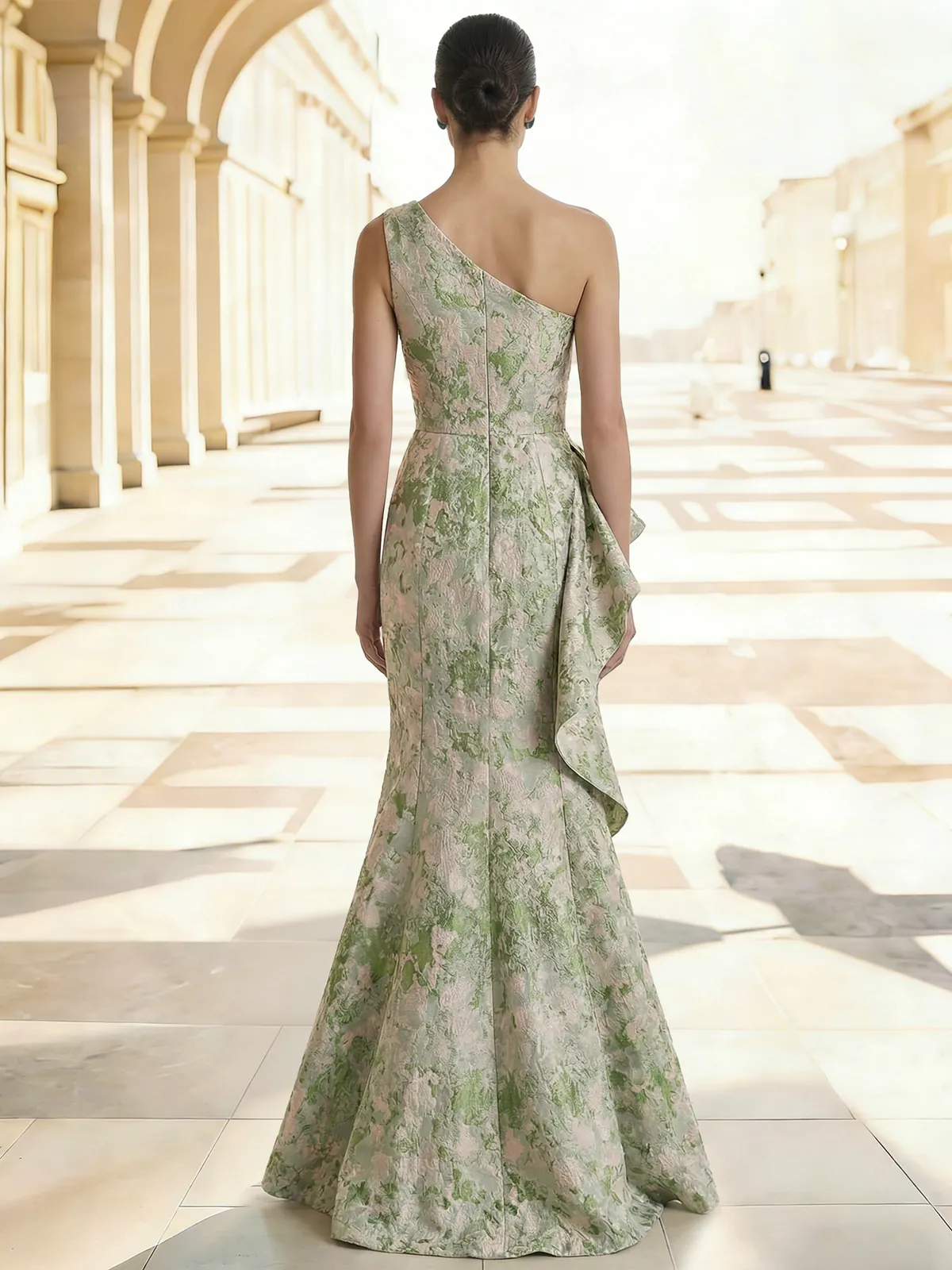 Sheath/Column Evening Gown Elegant Jacquard Floral Dress Prom Floor Length Sleeveless One Shoulder Ruffle with Slid Split Green Wedding Guest Dress