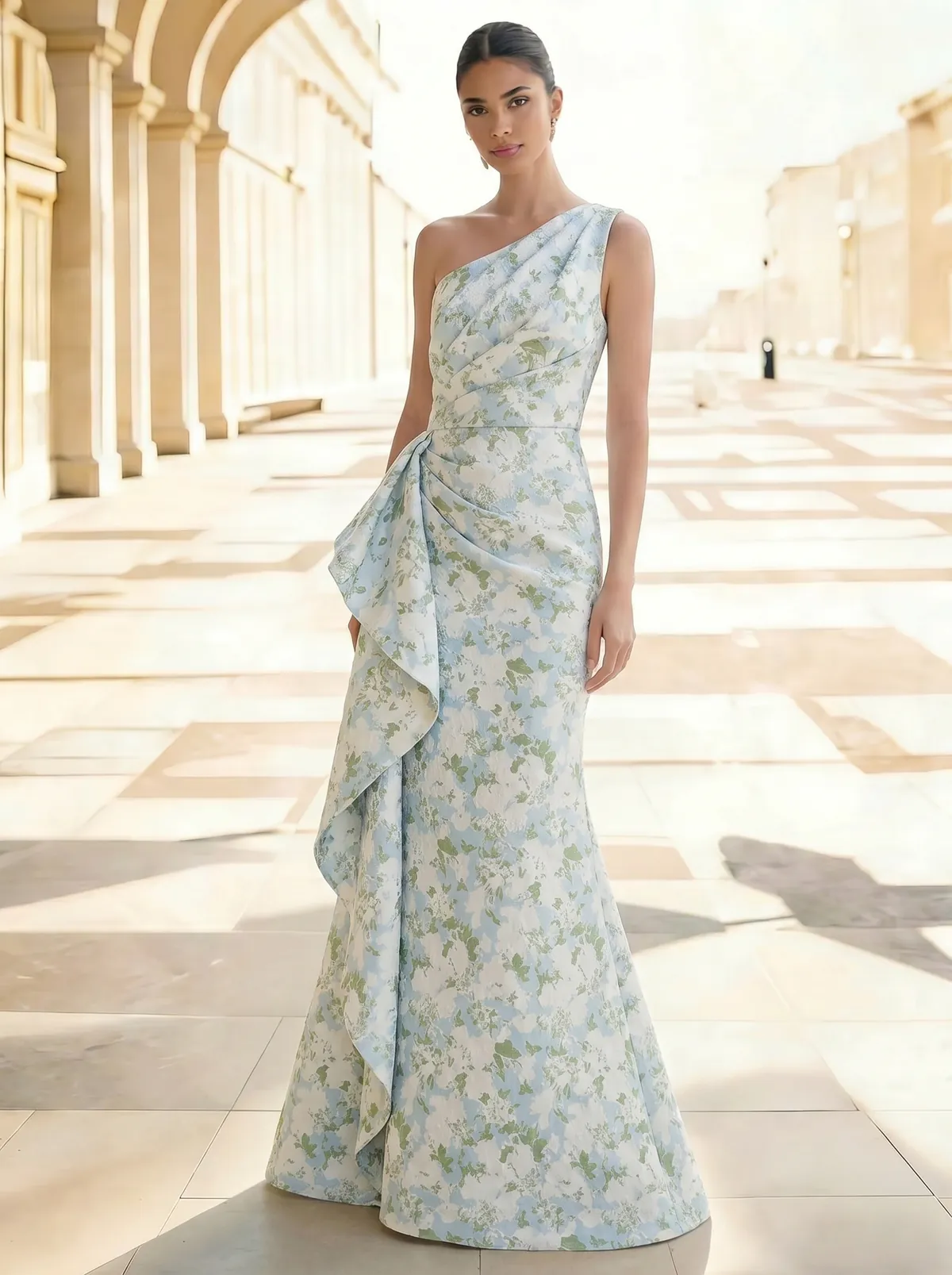 Sheath/Column Evening Gown Elegant Jacquard Floral Dress Prom Floor Length Sleeveless One Shoulder Ruffle with Slid Split Green Wedding Guest Dress