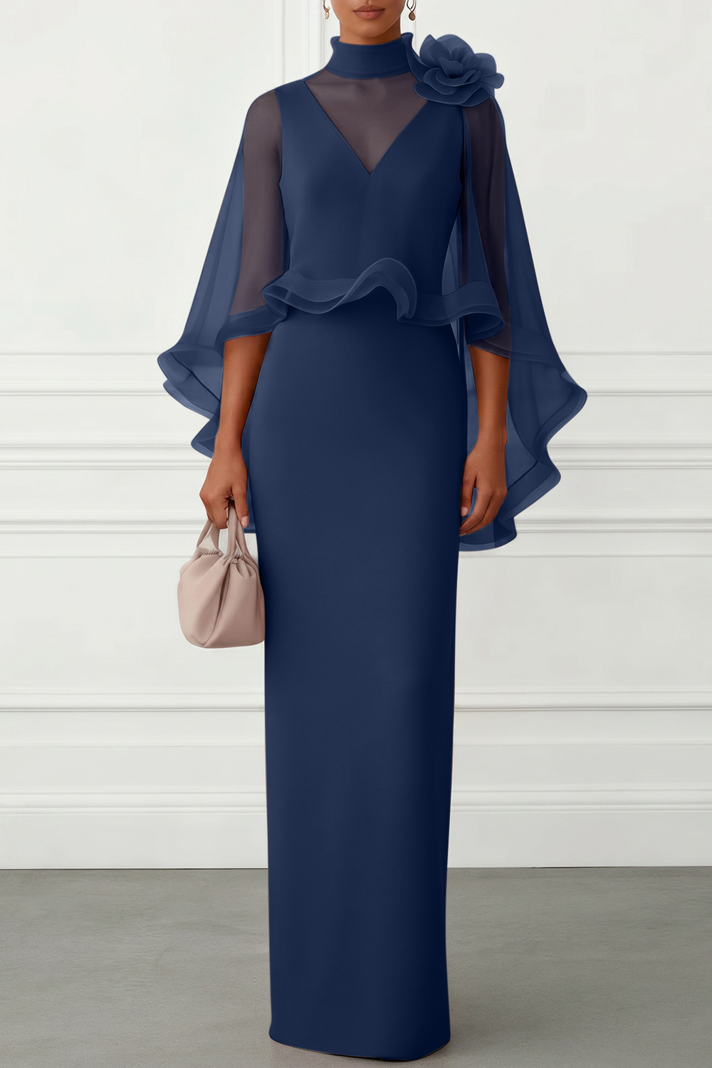 Nudepink 3D Floral Mesh Classic Mock Neck Half Sleeve Sheath Floor-length Gown Dress
