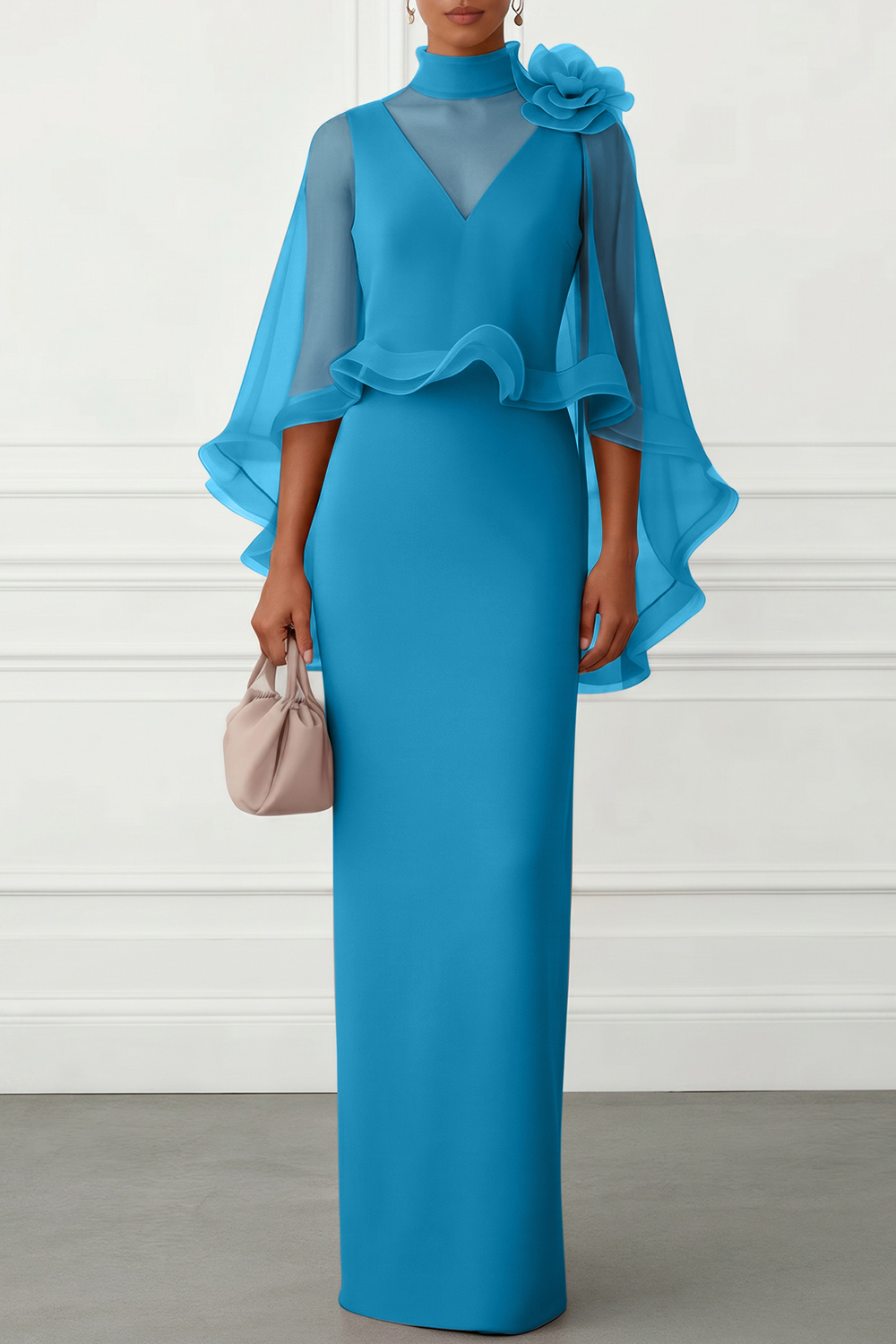 Nudepink 3D Floral Mesh Classic Mock Neck Half Sleeve Sheath Floor-length Gown Dress