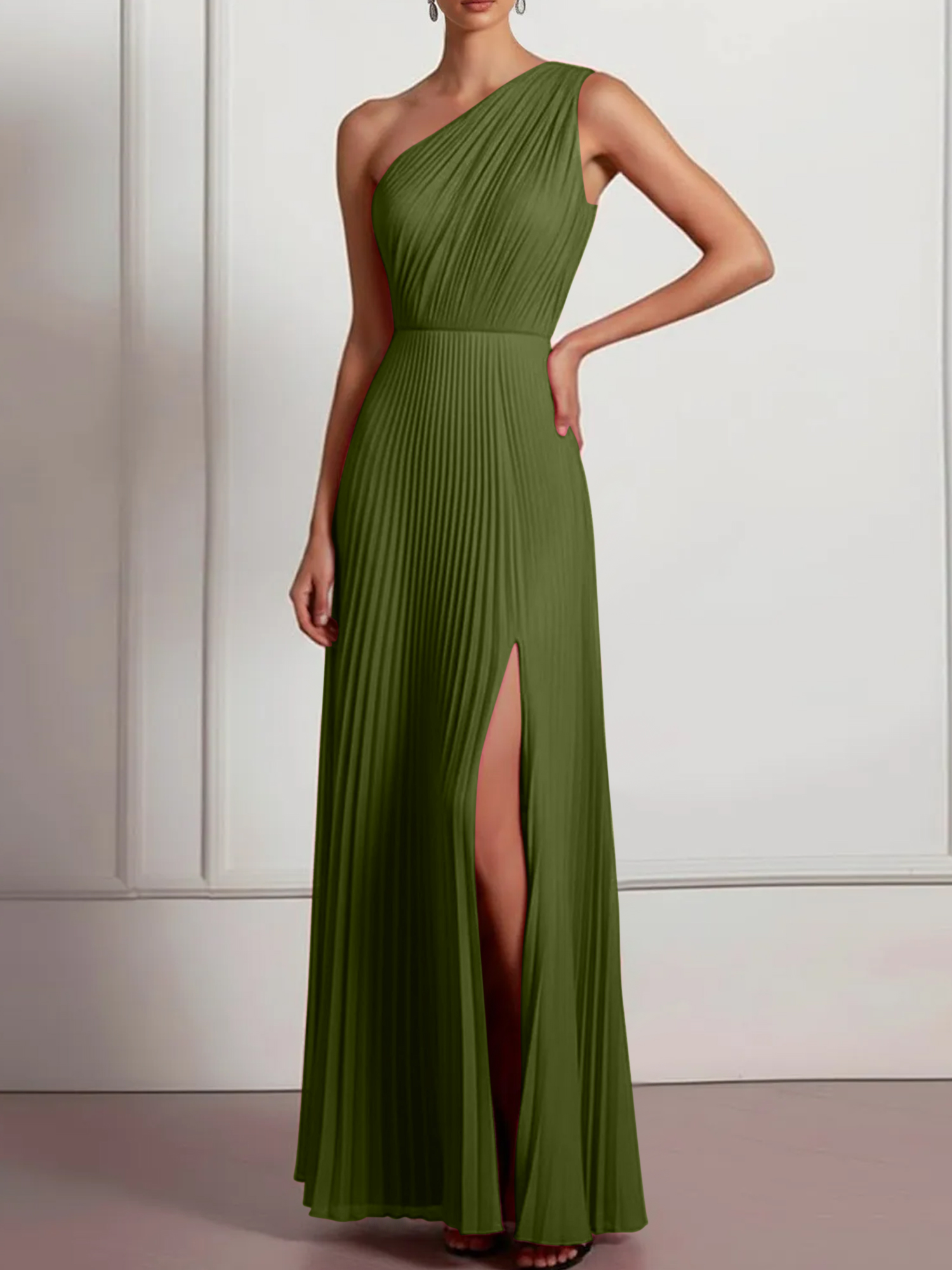 Blush Formal Party Dress One Shoulder Pleated Maxi Dress with Slit