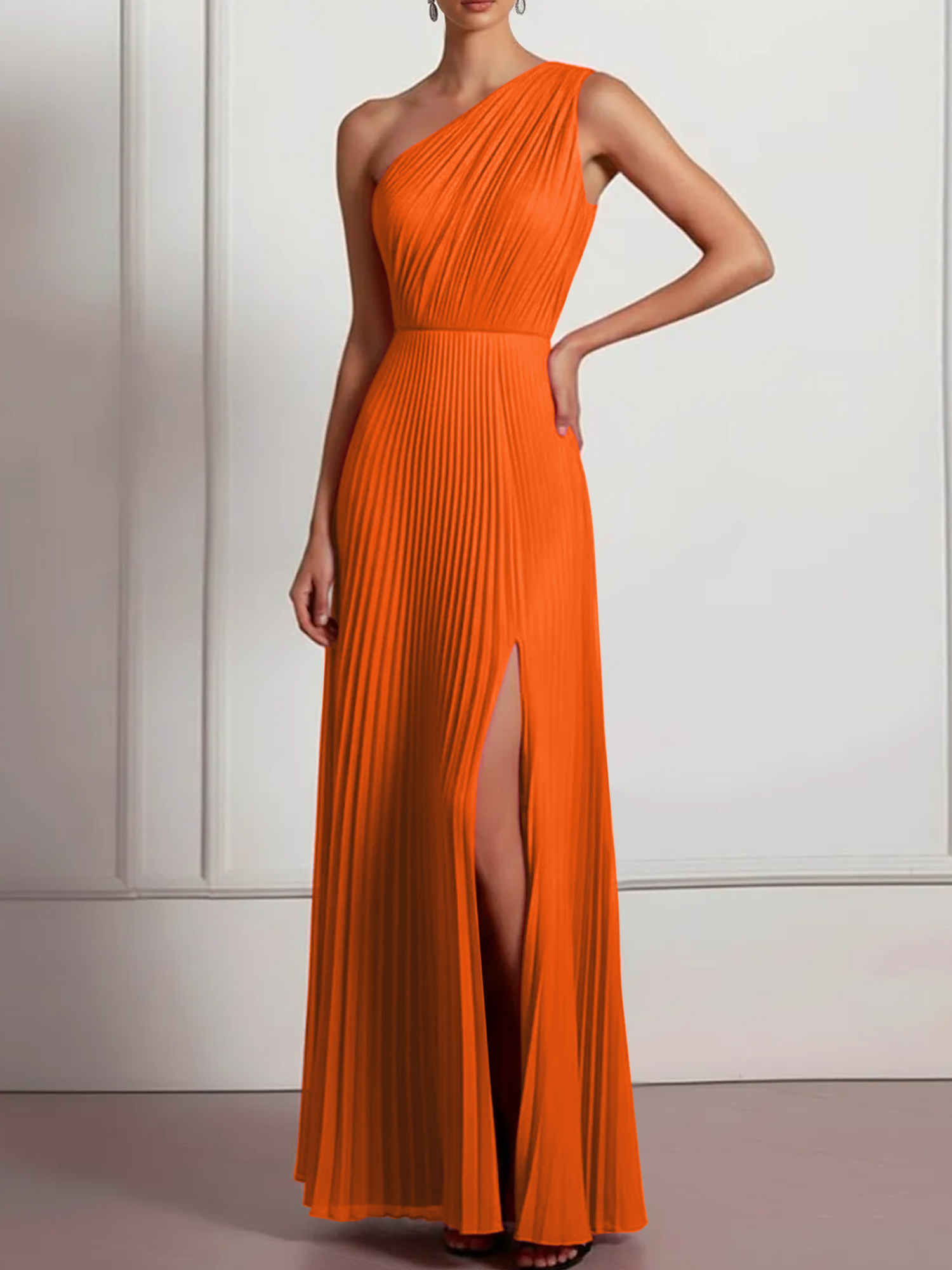 Blush Formal Party Dress One Shoulder Pleated Maxi Dress with Slit