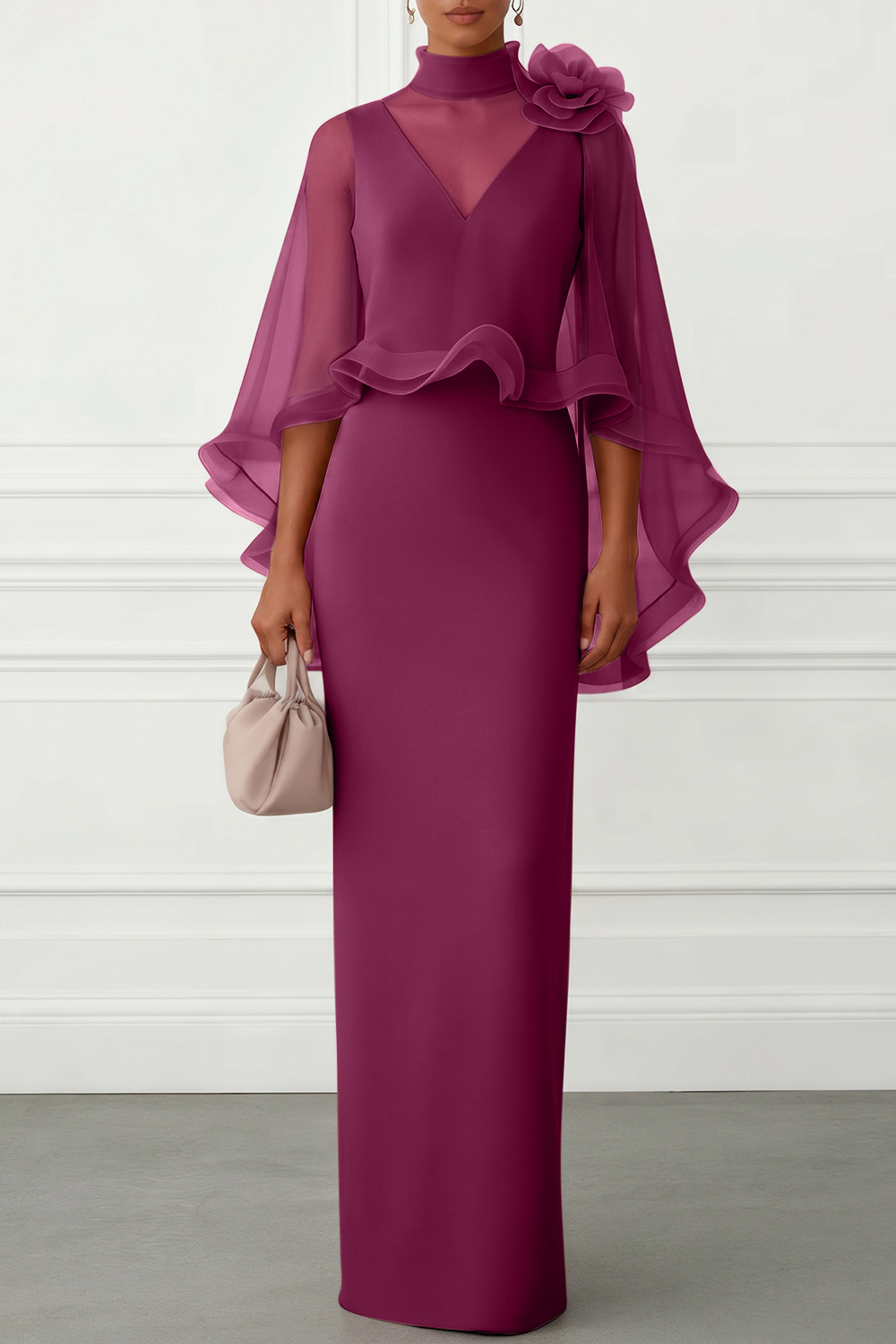 Nudepink 3D Floral Mesh Classic Mock Neck Half Sleeve Sheath Floor-length Gown Dress
