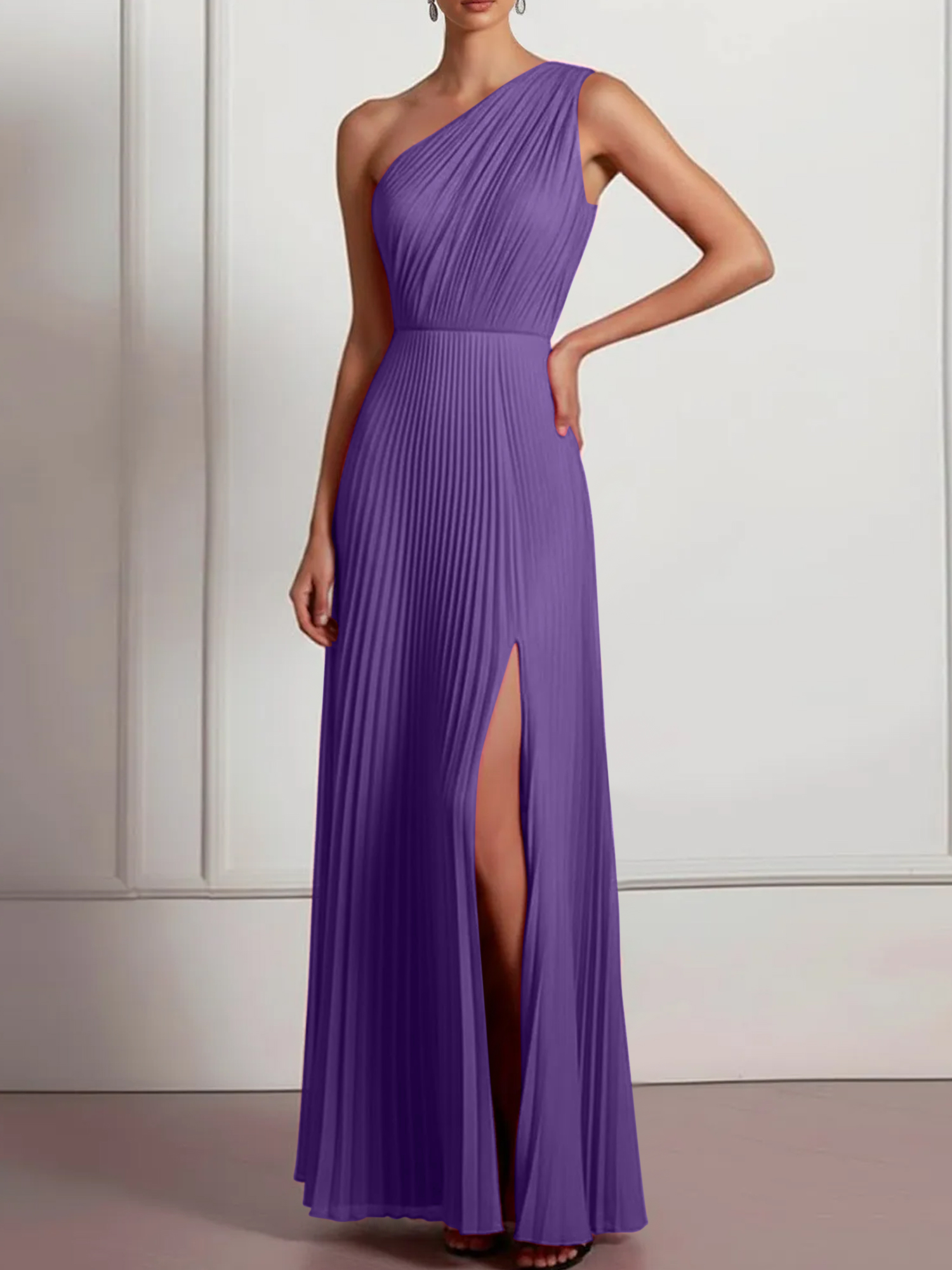 Blush Formal Party Dress One Shoulder Pleated Maxi Dress with Slit