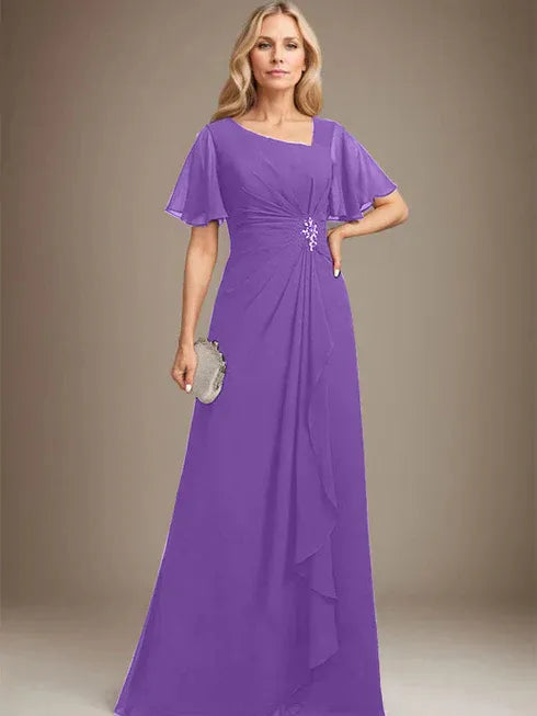 A-line Asymmetrical Floor-Length Chiffon Mother of the Bride Dress With Pleated Beading Sequins