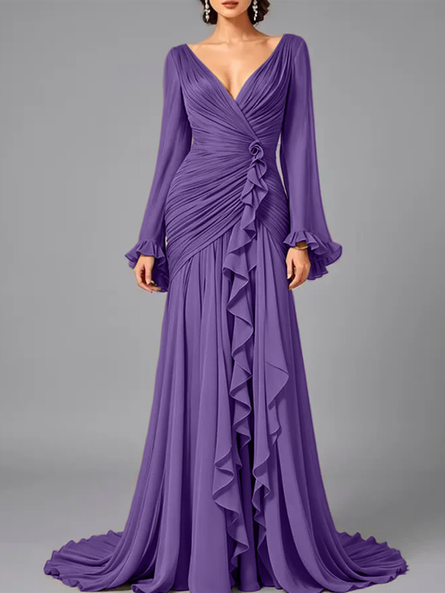 V-Neck Sheer Long Sleeve Ruffled Chiffon Dress