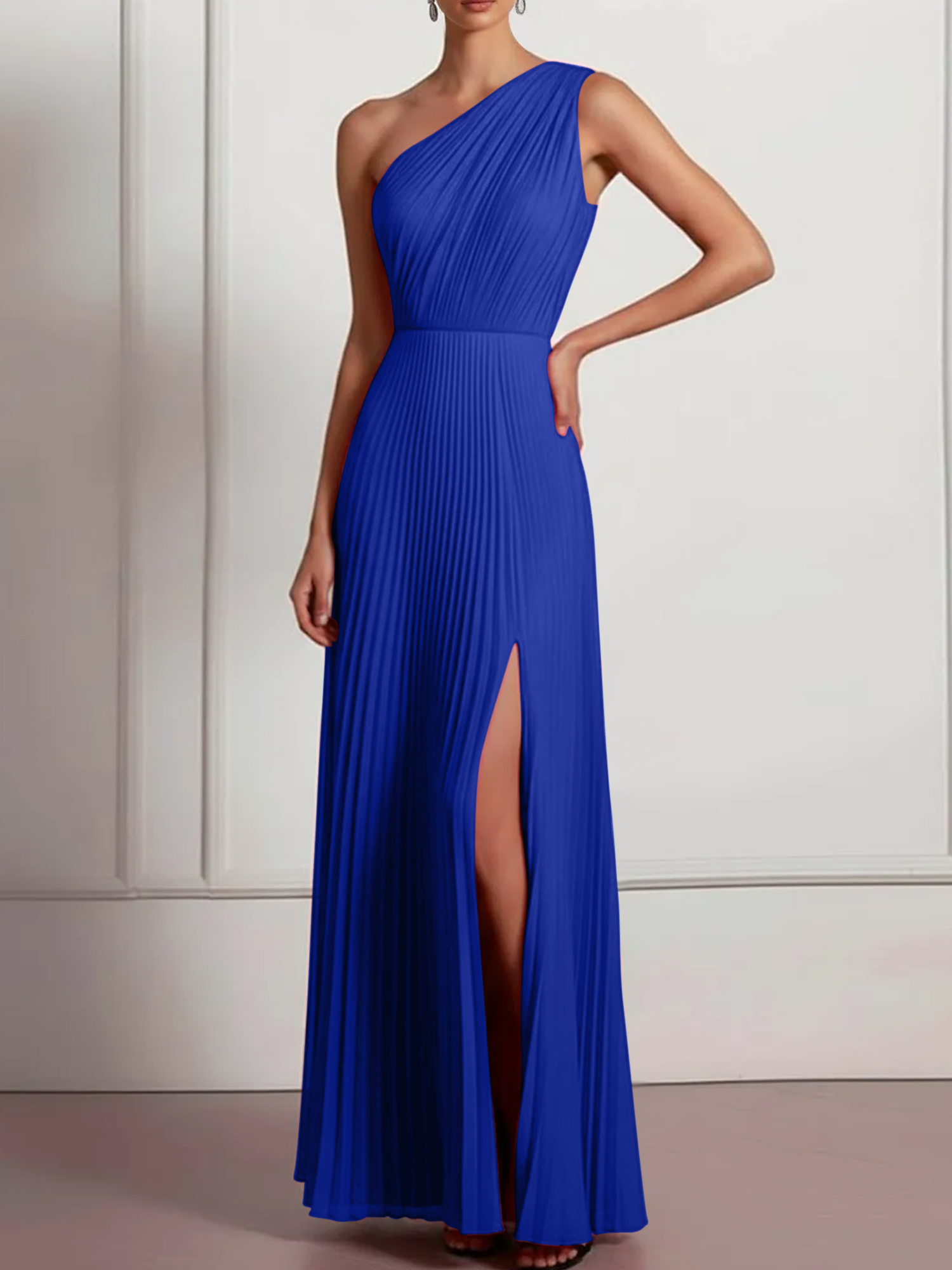 Blush Formal Party Dress One Shoulder Pleated Maxi Dress with Slit