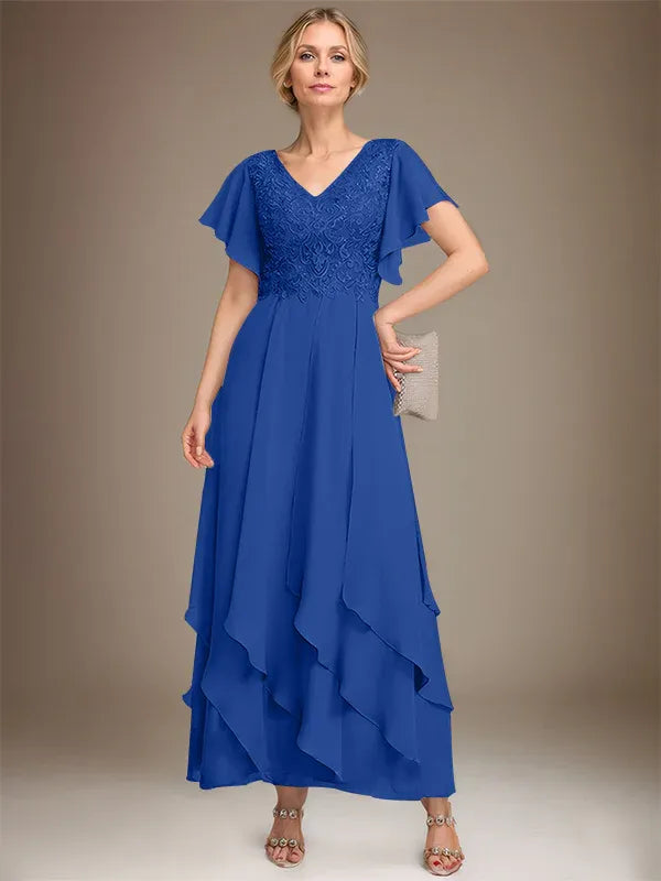 A-line V-Neck Ankle-Length Lace Chiffon Mother of the Bride Dress With Cascading Ruffles