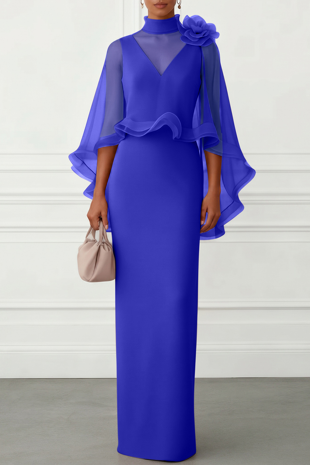 Nudepink 3D Floral Mesh Classic Mock Neck Half Sleeve Sheath Floor-length Gown Dress