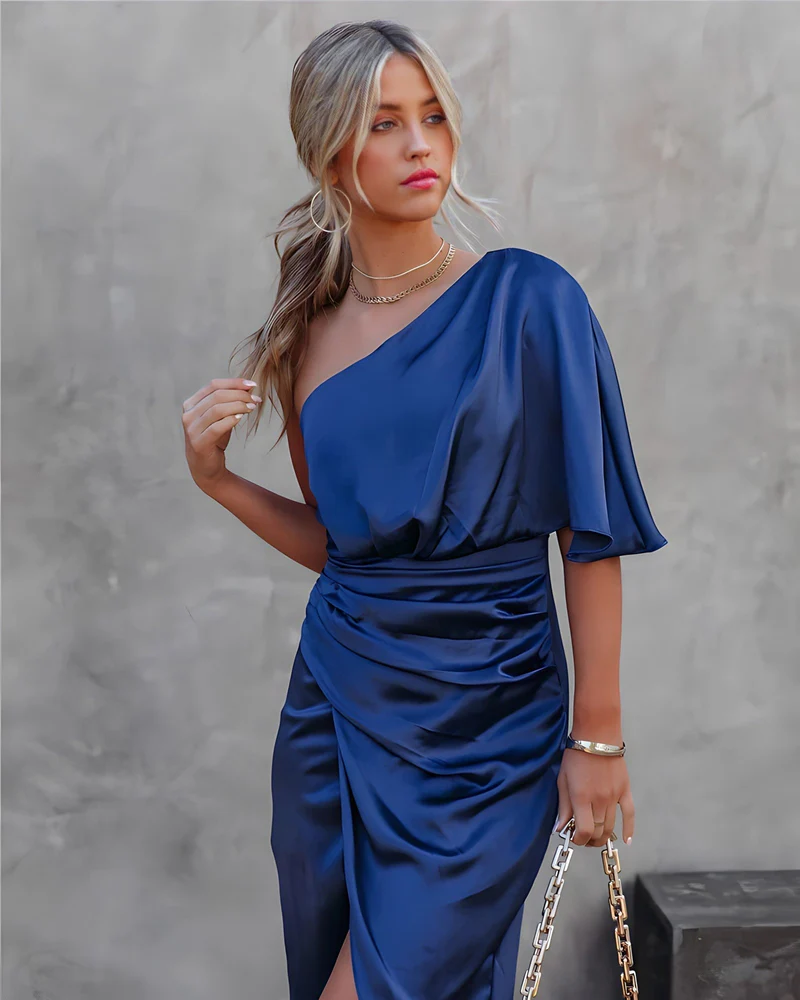 Black Satin One-Shoulder Ruched Midi Dress