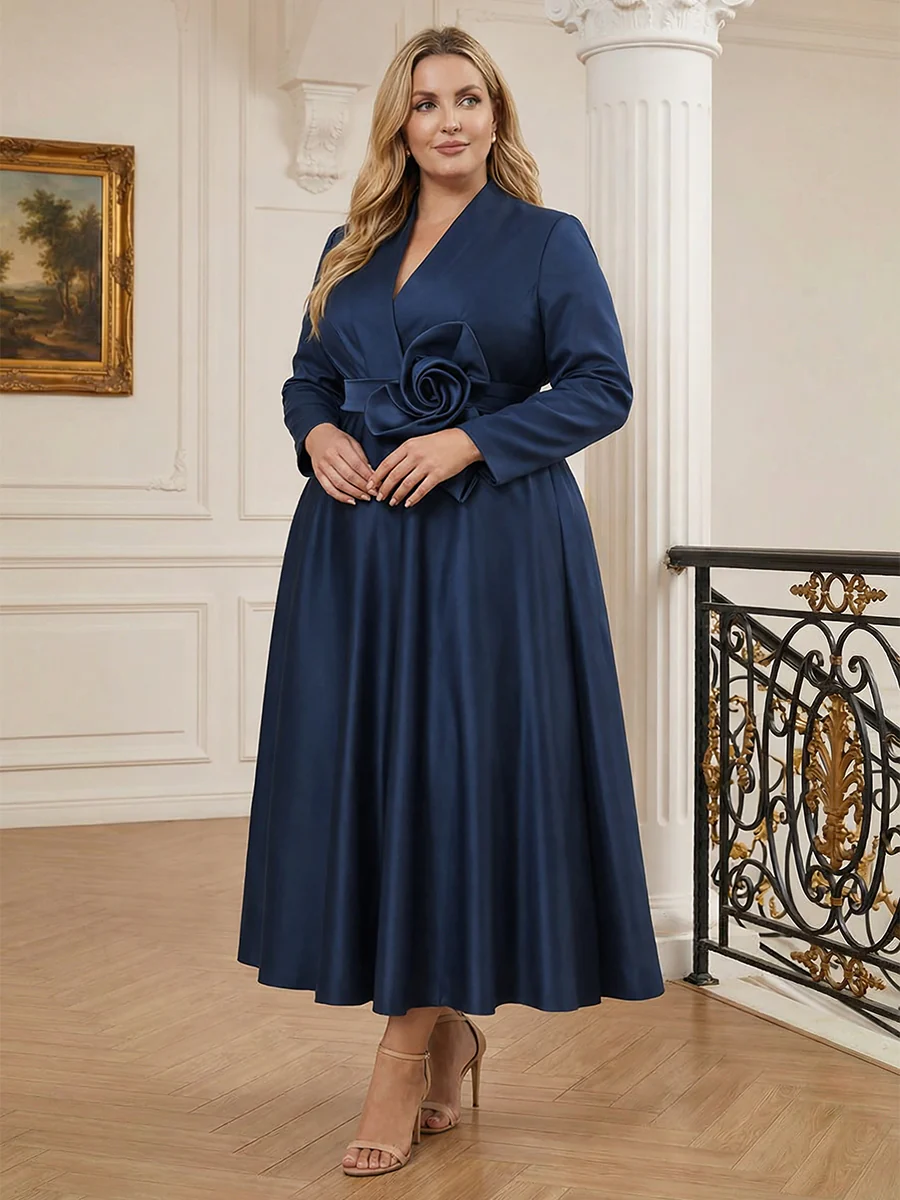 A-Line/Princess V-Neck Satin Tea-Length Mother of the Bride Dresses with Flower