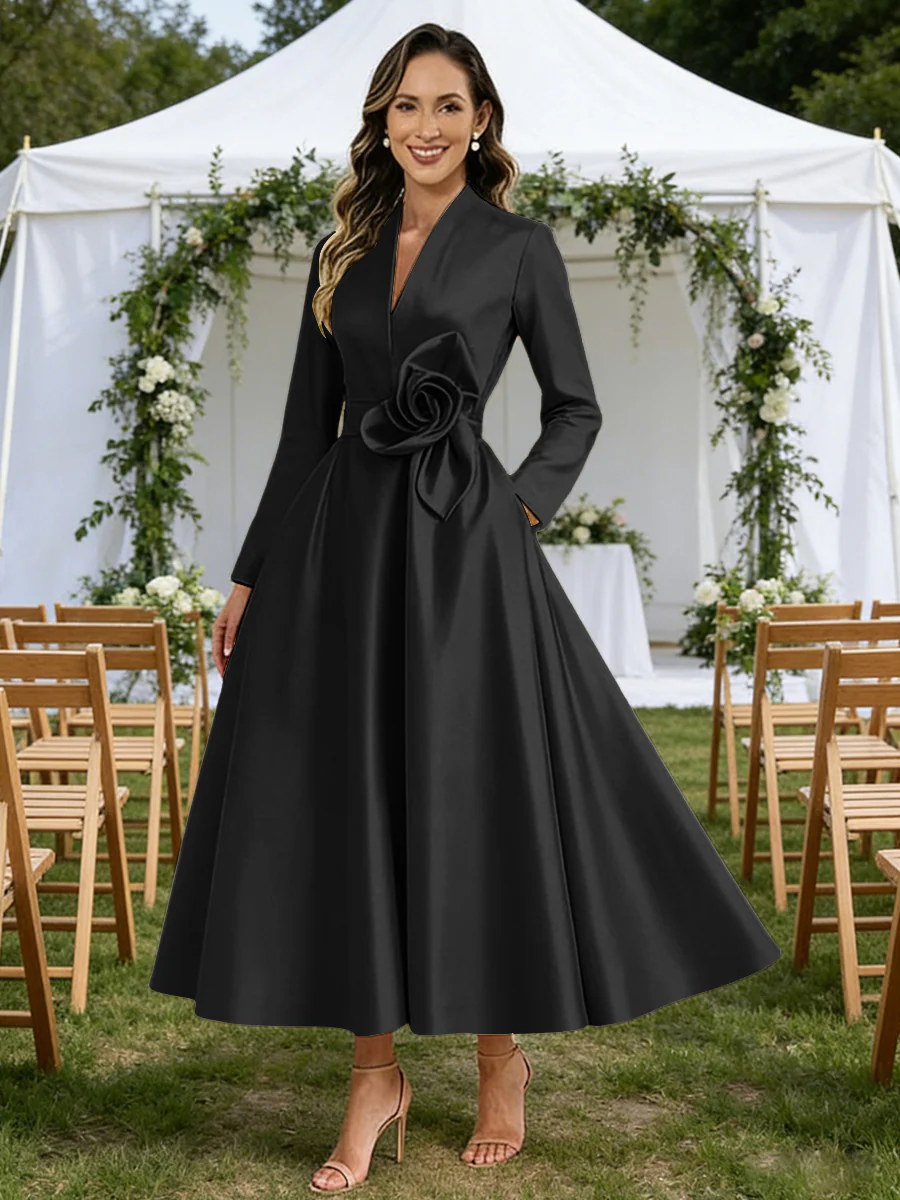 A-Line/Princess V-Neck Satin Tea-Length Mother of the Bride Dresses with Flower