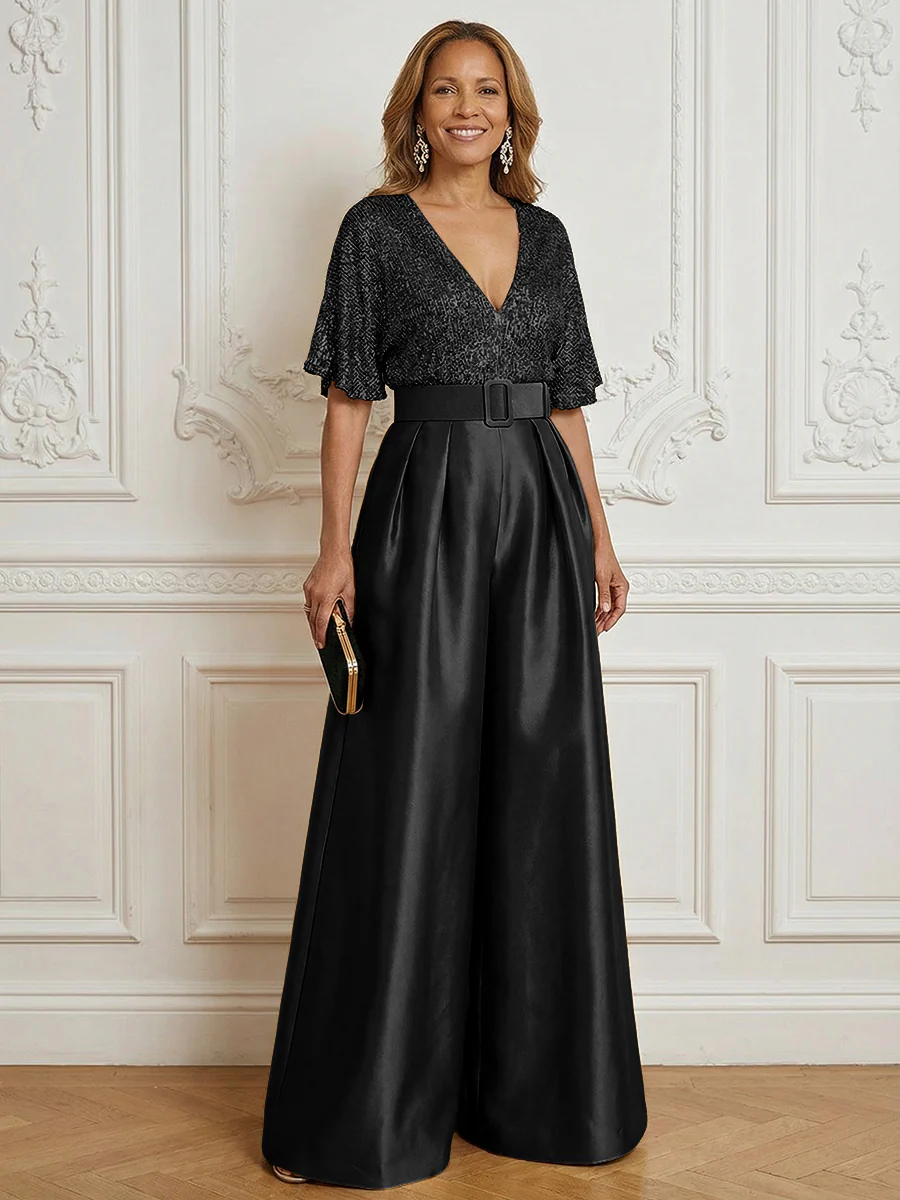 Jumpsuit V Neck Half Sleeve Long Sparkling Mother of the Bride Dresses with Belt