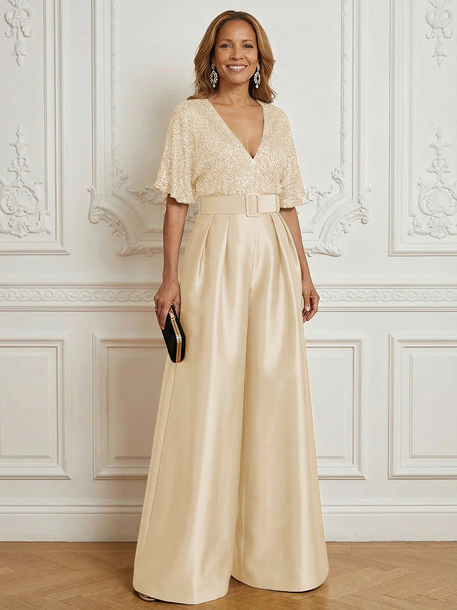 Jumpsuit V Neck Half Sleeve Long Sparkling Mother of the Bride Dresses with Belt