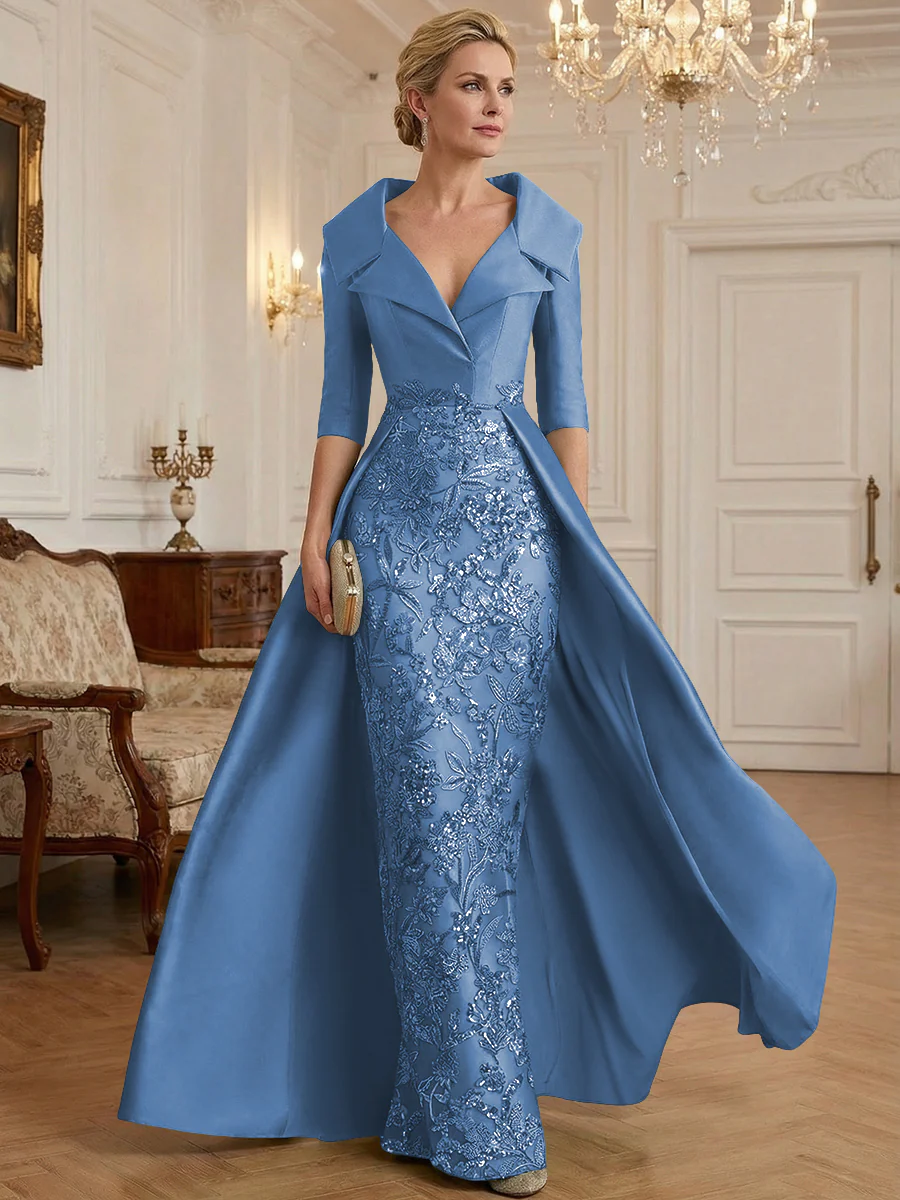 Sheath V Neck 3/4 Sleeve Sequined Mother of the Bride Dresses with Appliques