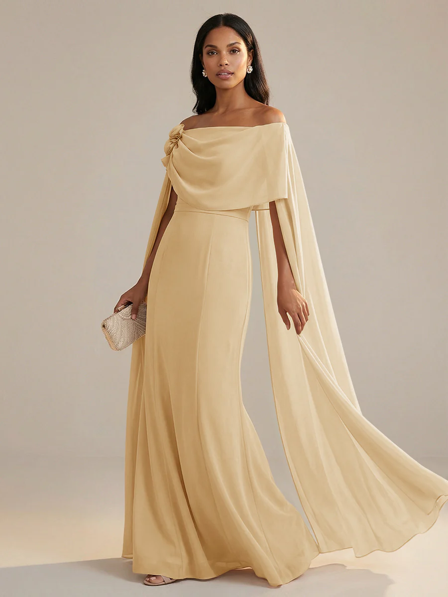 A-Line Chiffon Off-Shoulder Drape Floor-Length Mother of the Bride Dresses with Applique