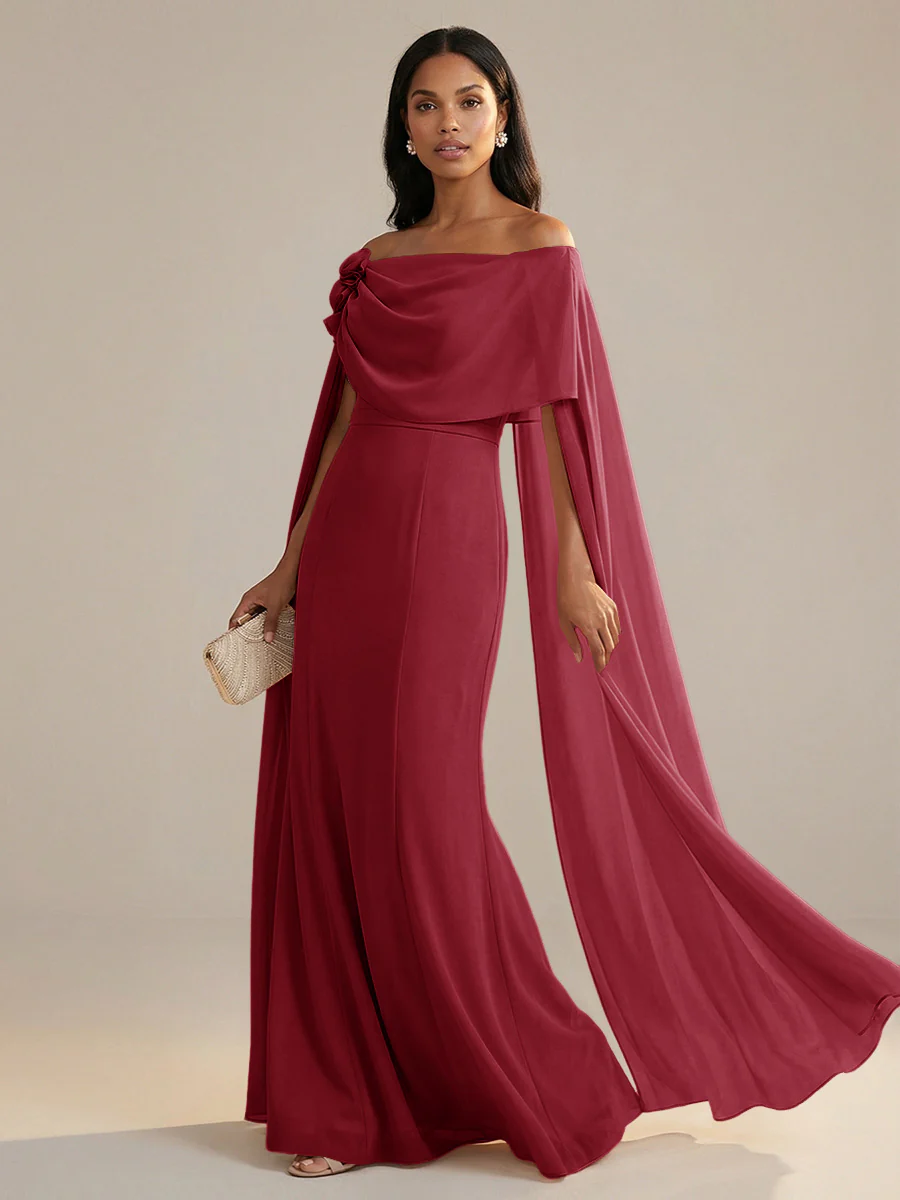 A-Line Chiffon Off-Shoulder Drape Floor-Length Mother of the Bride Dresses with Applique