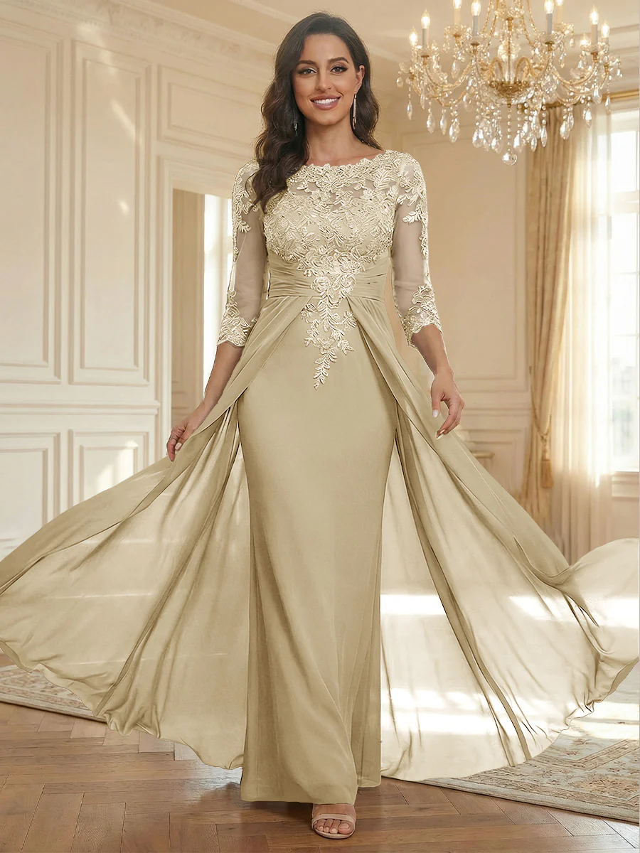 Sheath Scoop Neck 3/4 Sleeve Floor-Length Mother of the Bride Dresses with Lace Appliques