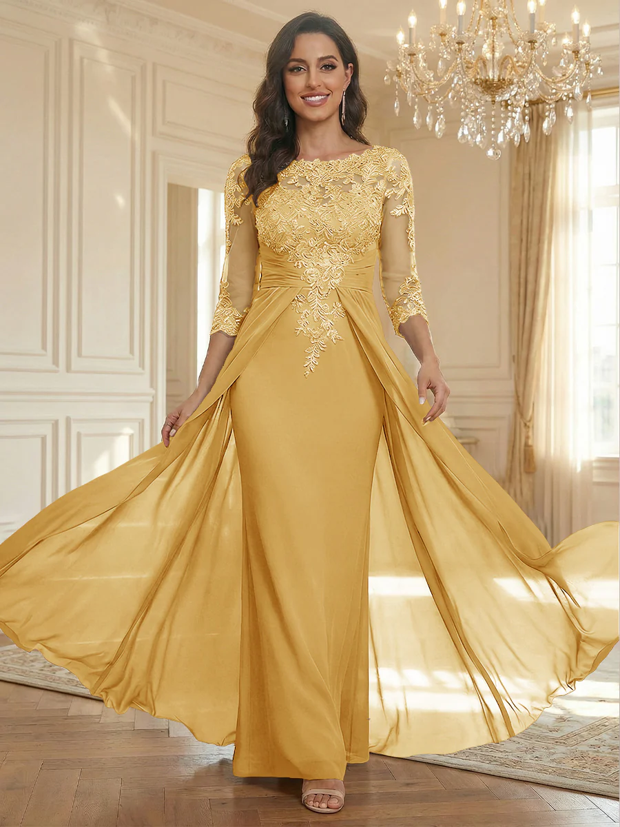 Sheath Scoop Neck 3/4 Sleeve Floor-Length Mother of the Bride Dresses with Lace Appliques
