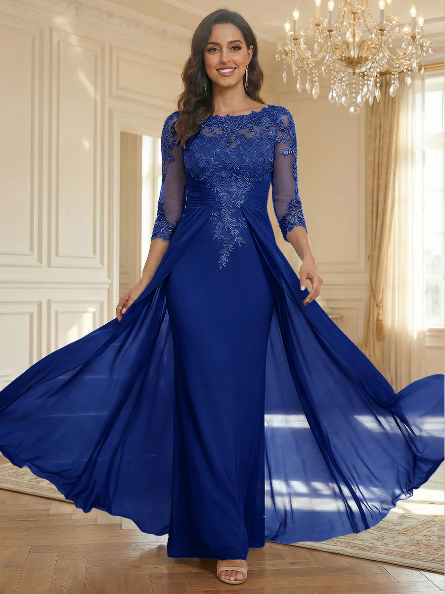 Sheath Scoop Neck 3/4 Sleeve Floor-Length Mother of the Bride Dresses with Lace Appliques