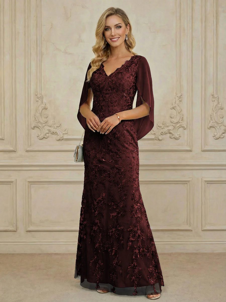 Mermaid V Neck Cape Sleeve Lace Applique Floor Length Mother of the Bride Dresses
