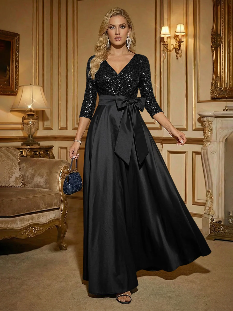 A Line 3/4 Sleeve Floor Length Mixed Mother of the Bride Dresses with Bow