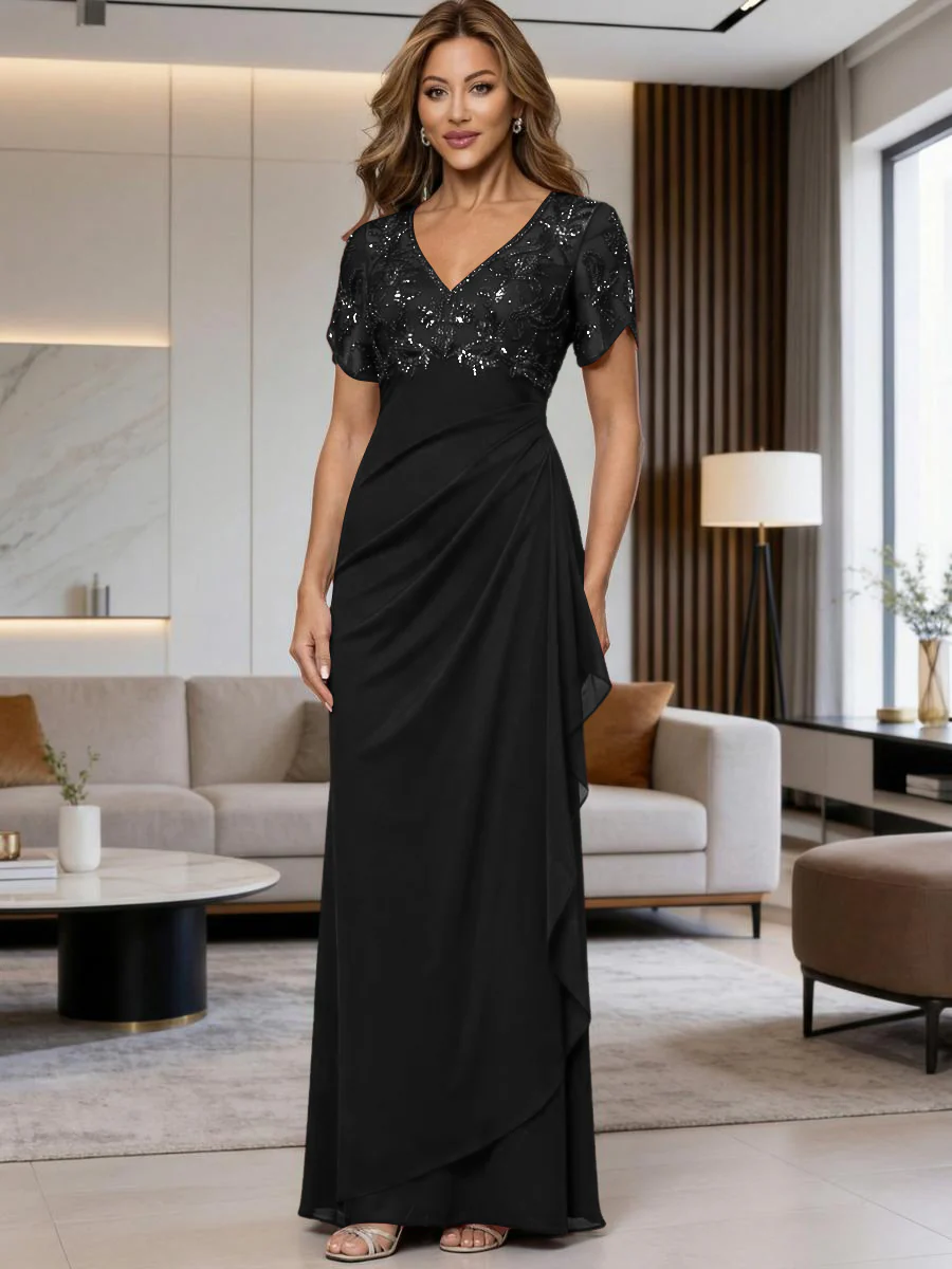 A-Line Chiffon V-Neck Short Sleeve Mother of the Bride Dresses Floor-Length with Sequin Appliques
