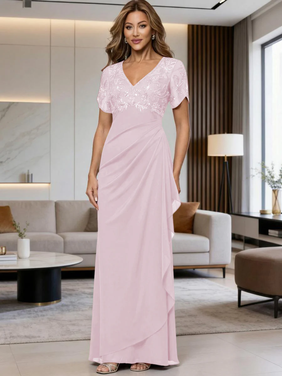A-Line Chiffon V-Neck Short Sleeve Mother of the Bride Dresses Floor-Length with Sequin Appliques
