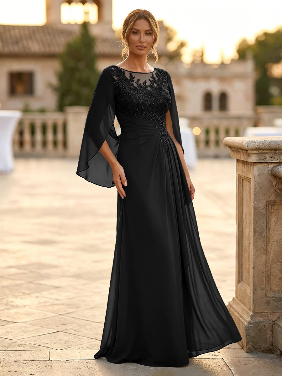A-Line Chiffon Cape Sleeves Floor-Length Mother of the Bride & Groom Dresses with Rhinestones & Ruched Waist