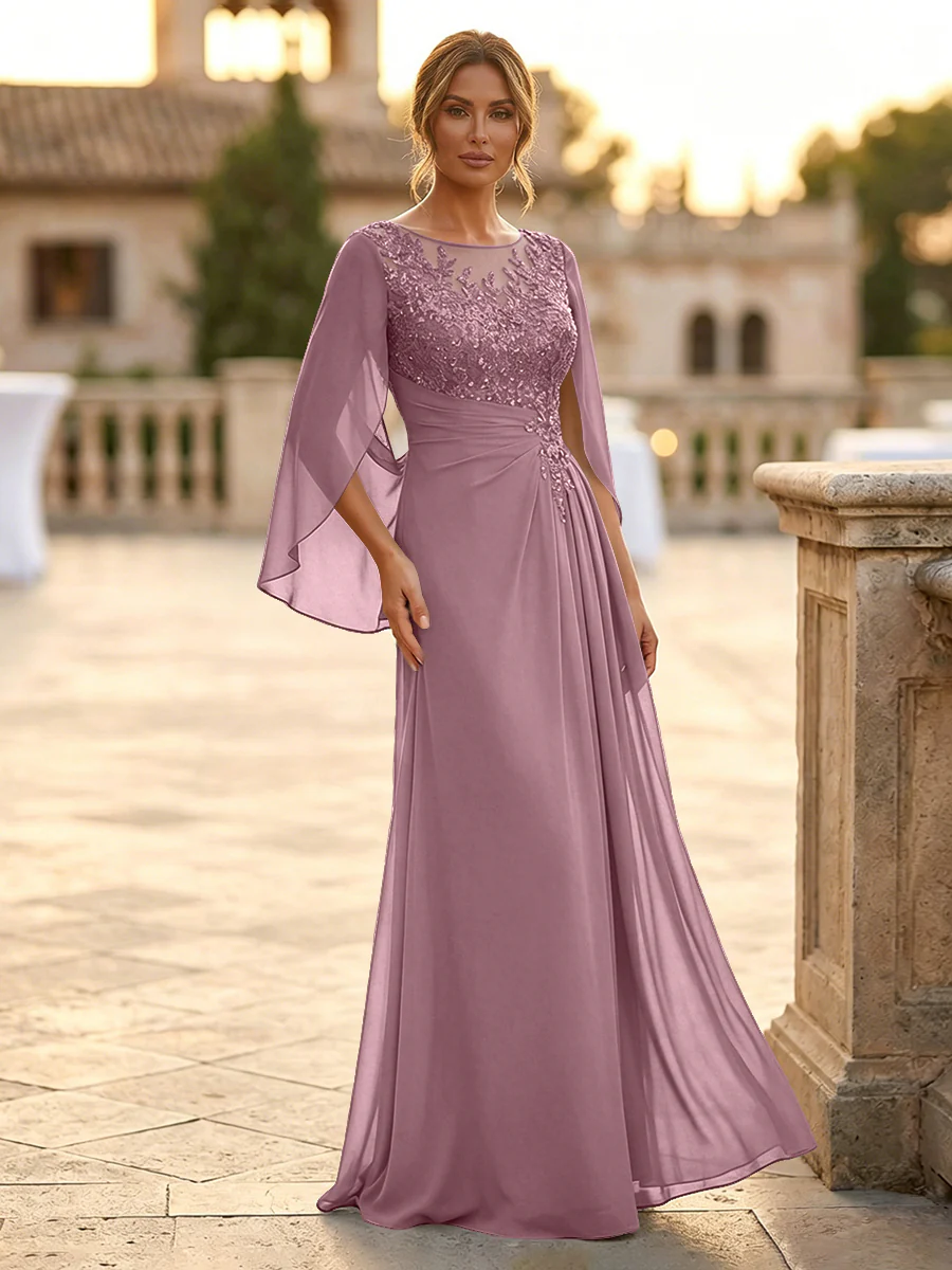 A-Line Chiffon Cape Sleeves Floor-Length Mother of the Bride & Groom Dresses with Rhinestones & Ruched Waist