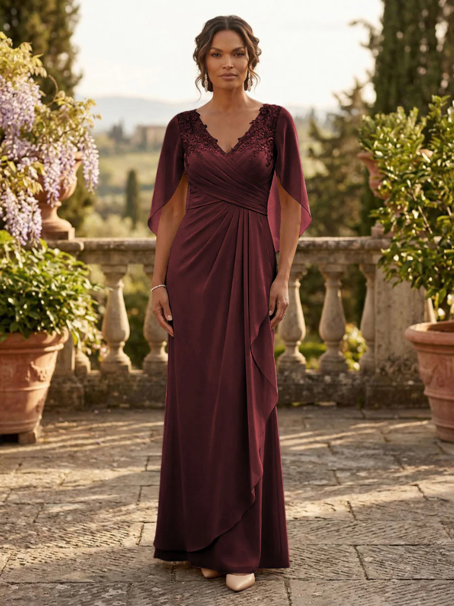 A-Line Chiffon Cape Sleeves Floor-Length Mother of the Bride & Groom Dresses with Ruched Waist