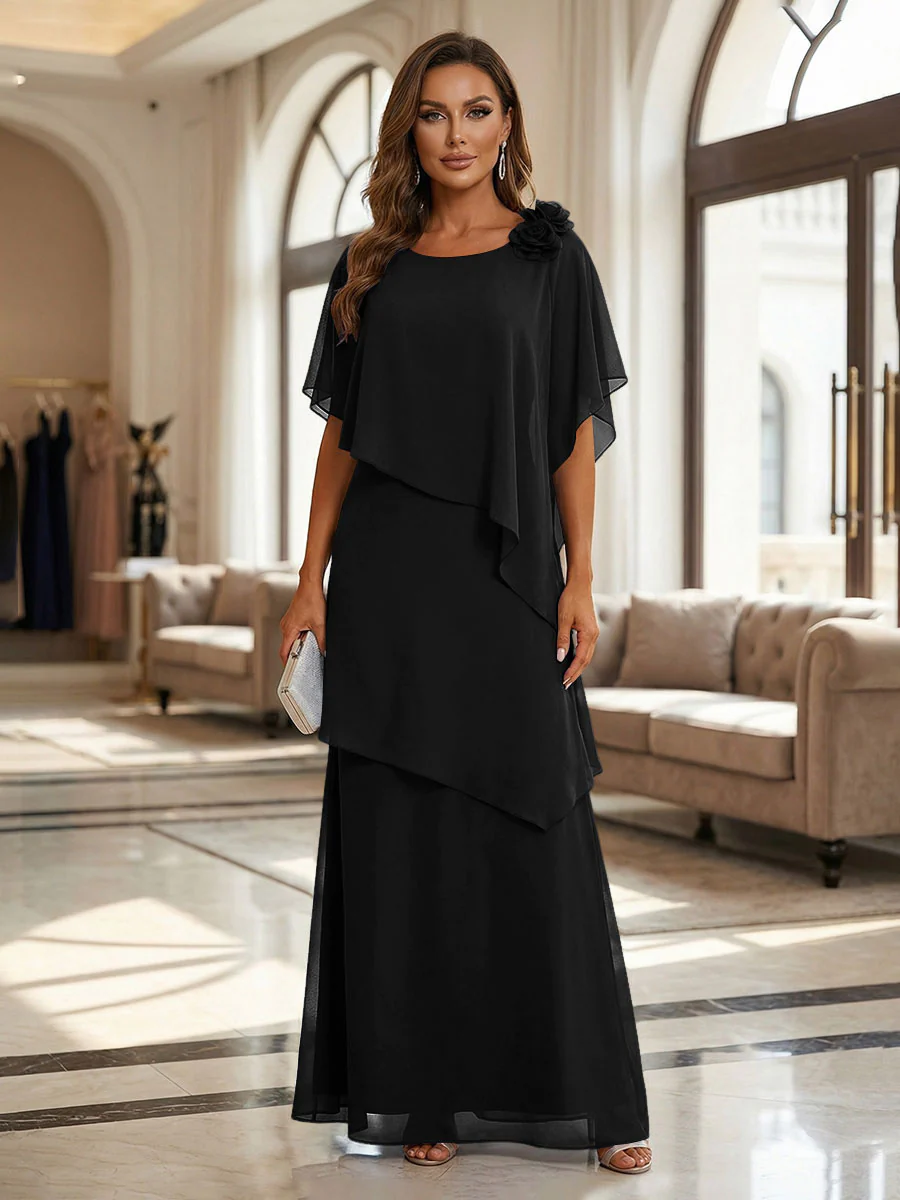 A-Line Floor-Length Chiffon Cape Sleeves Mother of the Bride & Groom Dresses with Tiered Ruffles