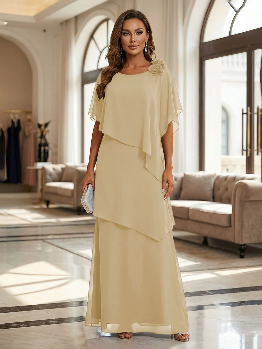A-Line Floor-Length Chiffon Cape Sleeves Mother of the Bride & Groom Dresses with Tiered Ruffles
