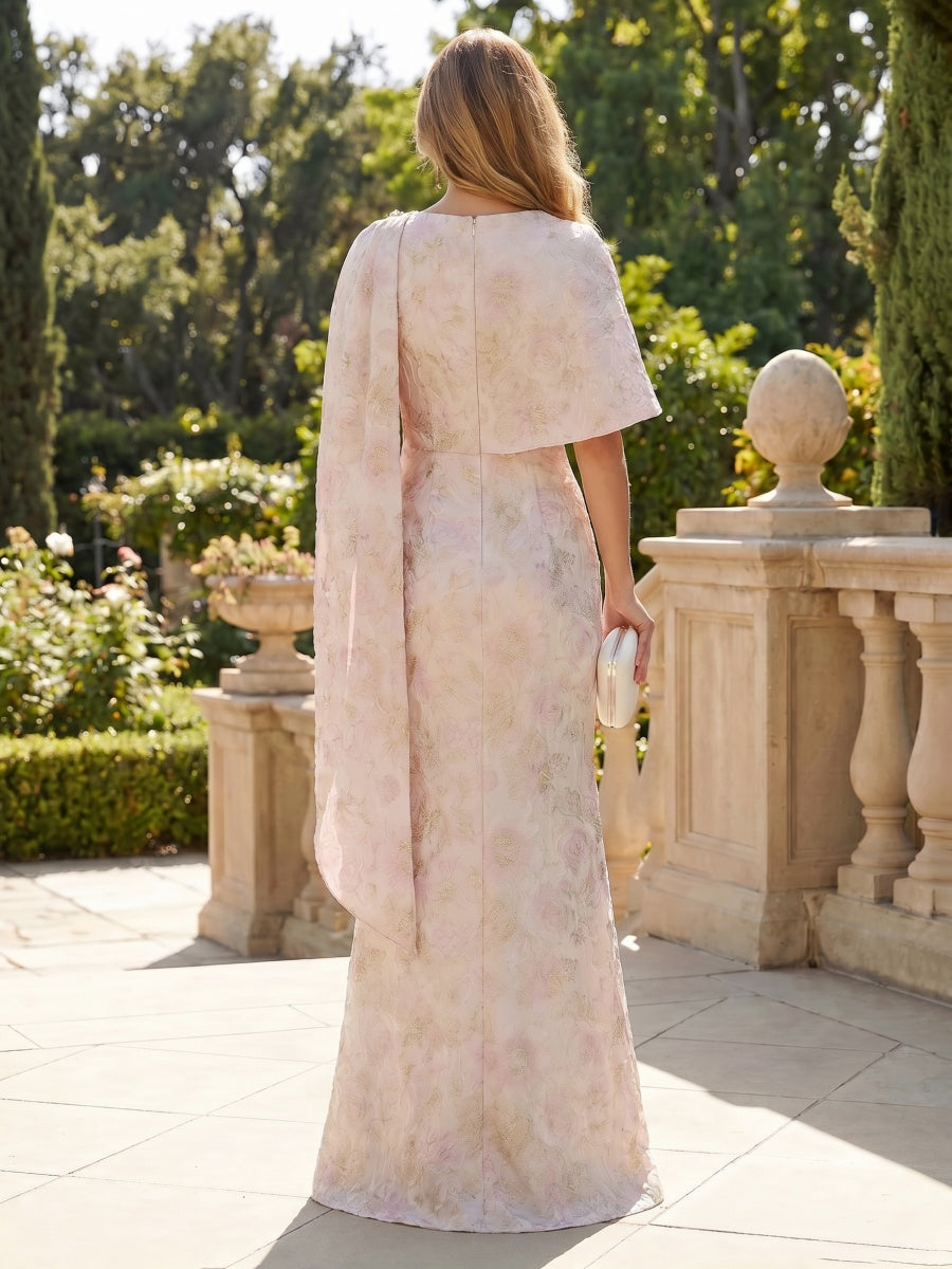 Jacquard Sheath Scoop Neck with Cape Maxi Dress