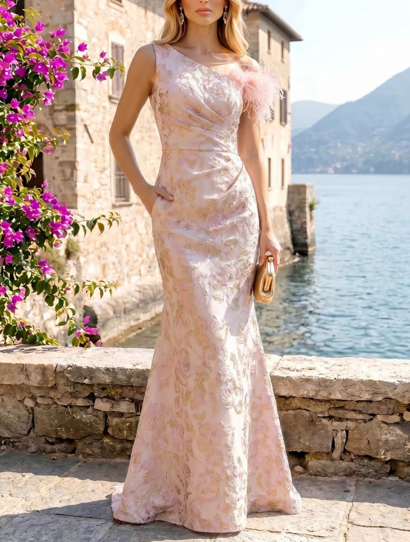 Jacquard Mermaid One Shoulder with Ruched Waist Maxi Dress